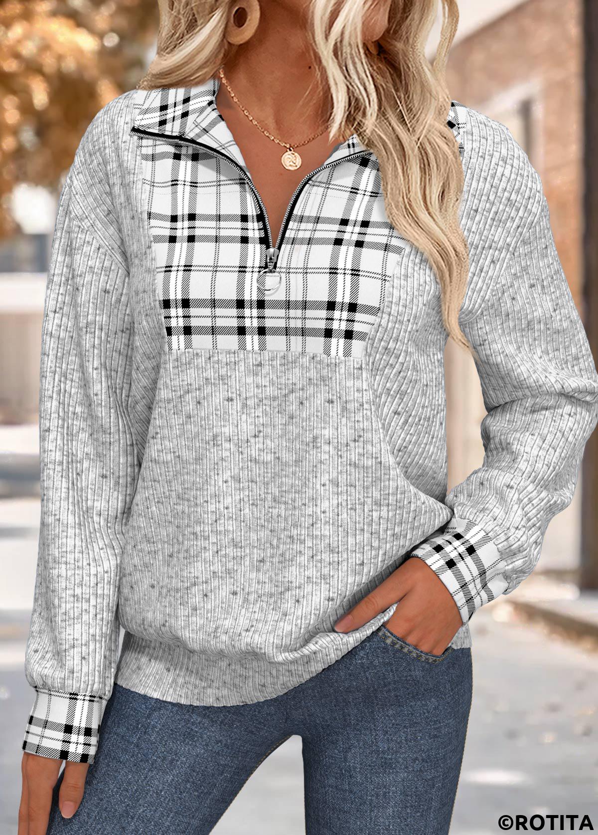 Grey tops,Plaid tops,Geometric tops,ROTITA Plaid Grey Turn Down Collar Long Sleeve Sweatshirt