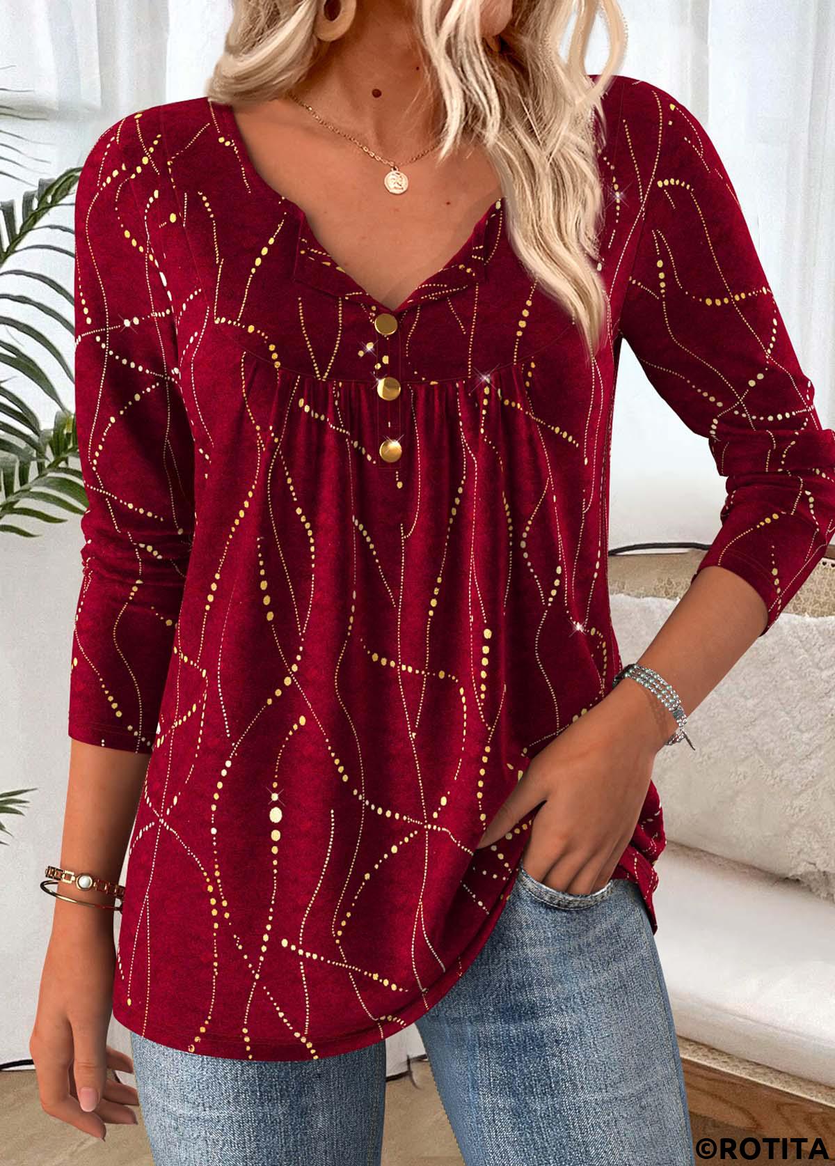 Wine Red tops,Geometric tops,ROTITA Tummy Coverage Geometric Print Wine Red T Shirt