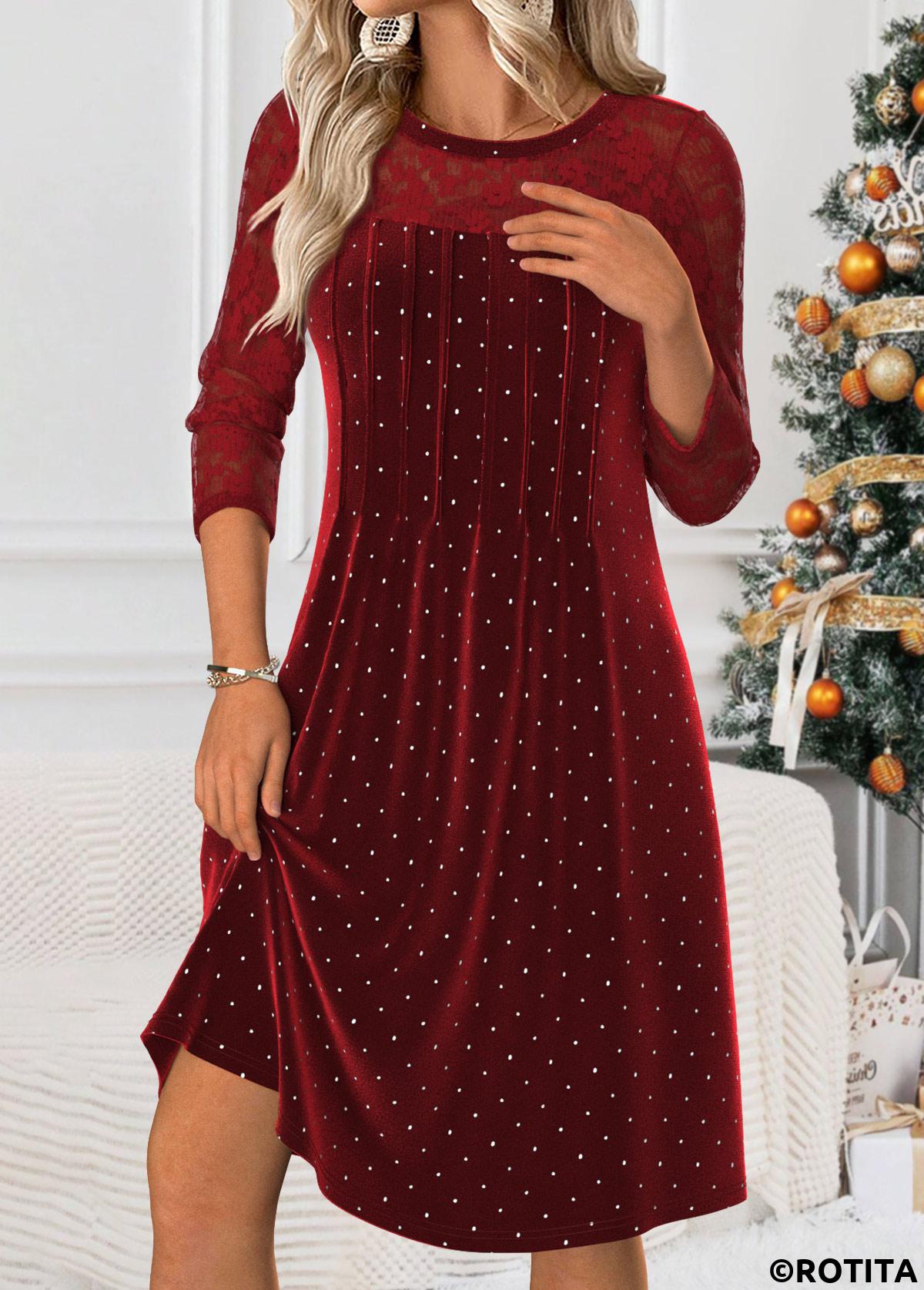 Wine Red dresses,Dot dresses,Casual dresses,ROTITA Tummy Coverage Polka Dot Wine Red Round Neck Dress