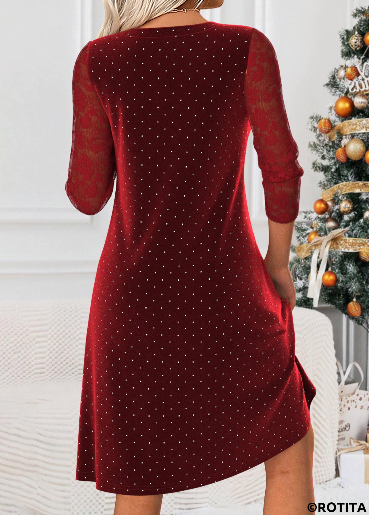Wine Red dresses,Dot dresses,Casual dresses,ROTITA Tummy Coverage Polka Dot Wine Red Round Neck Dress