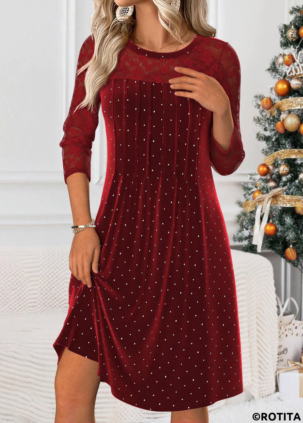 Wine Red dresses,Dot dresses,Casual dresses,ROTITA Tummy Coverage Polka Dot Wine Red Round Neck Dress