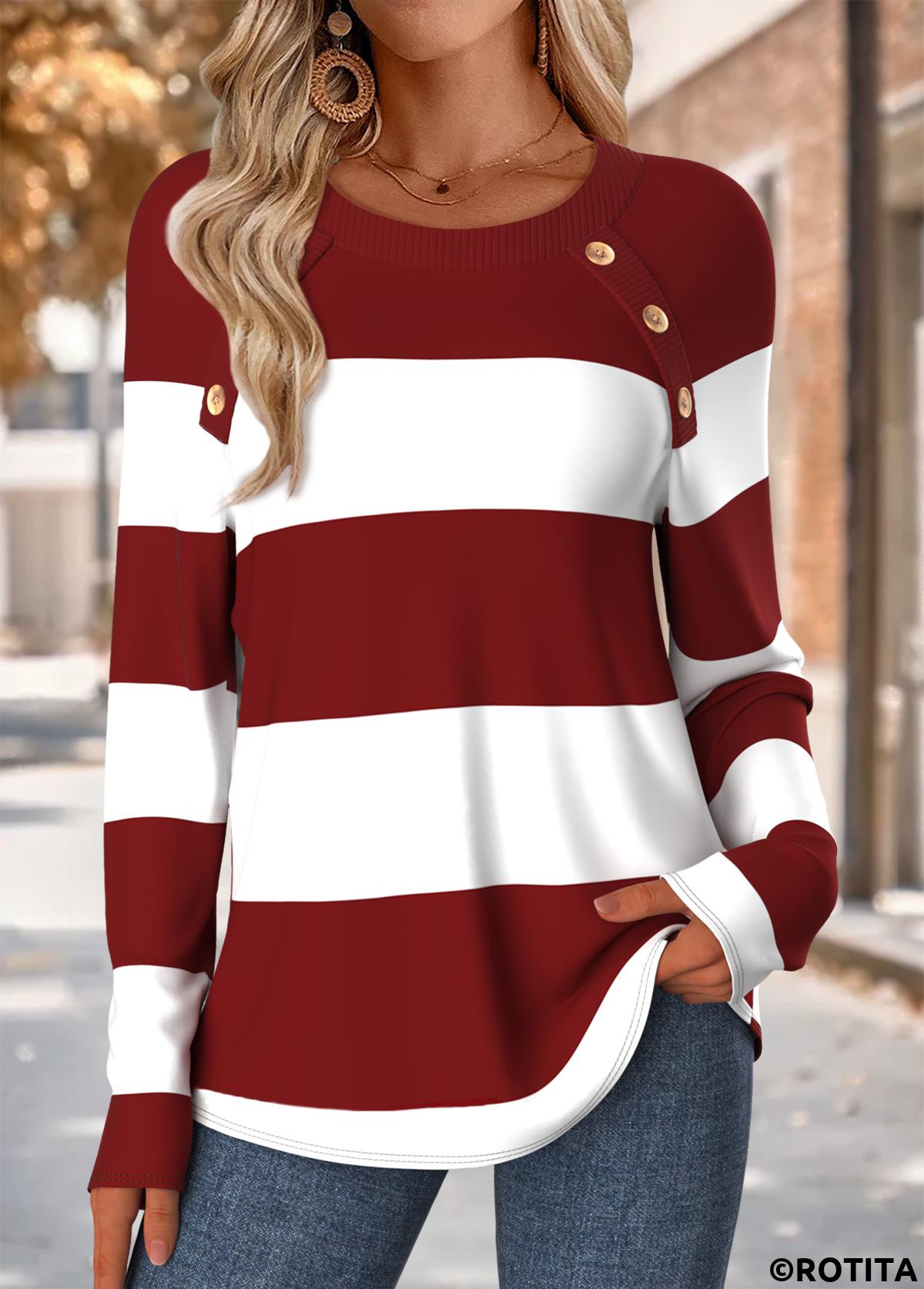 Wine Red tops,Striped tops,Geometric tops,ROTITA Tummy Coverage Striped Wine Red Round Neck T Shirt