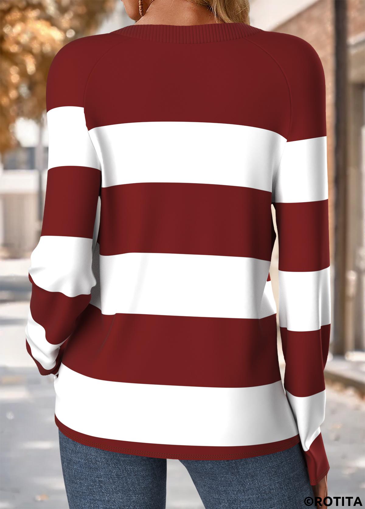 Wine Red tops,Striped tops,Geometric tops,ROTITA Tummy Coverage Striped Wine Red Round Neck T Shirt