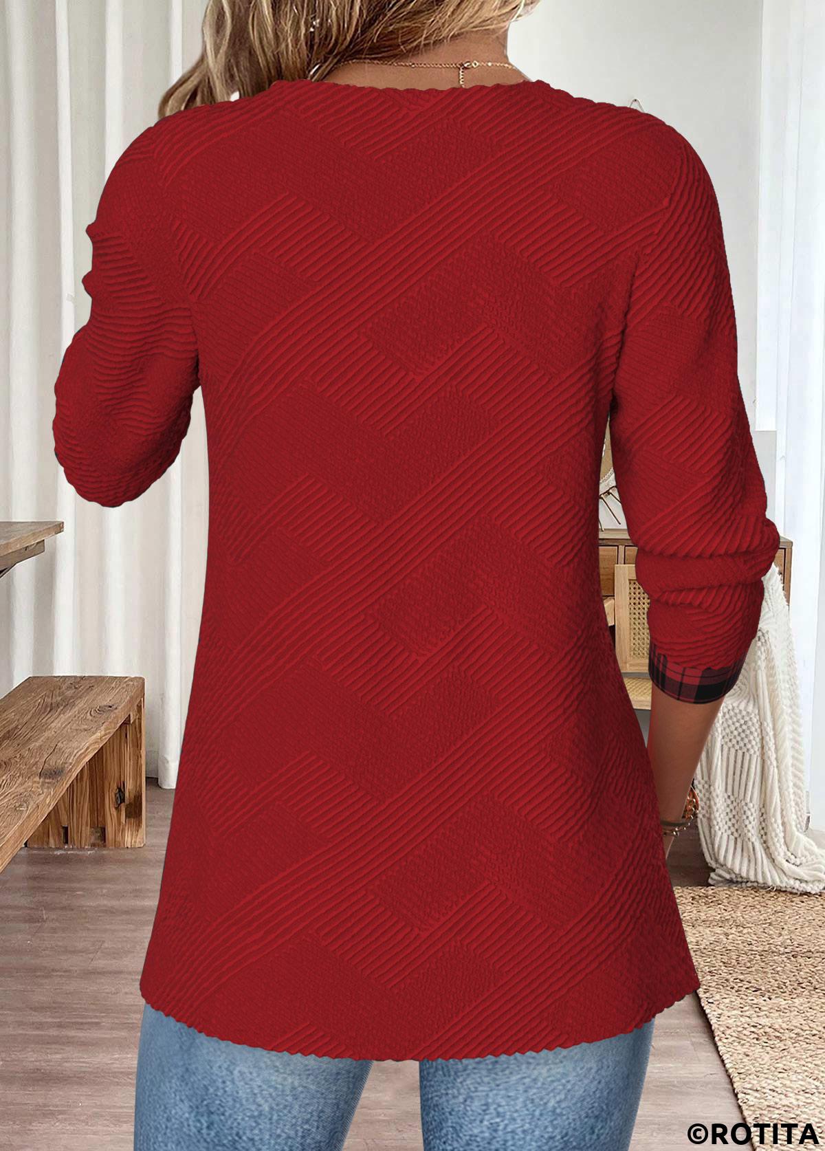 Wine Red tops,Plaid tops,Geometric tops,ROTITA Tummy Coverage Plaid Wine Red Round Neck Blouse