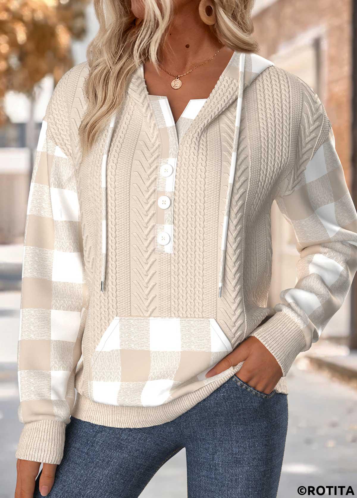 Light Camel tops,Plaid tops,Geometric tops,ROTITA Tummy Coverage Plaid Light Camel Long Sleeve Hoodie