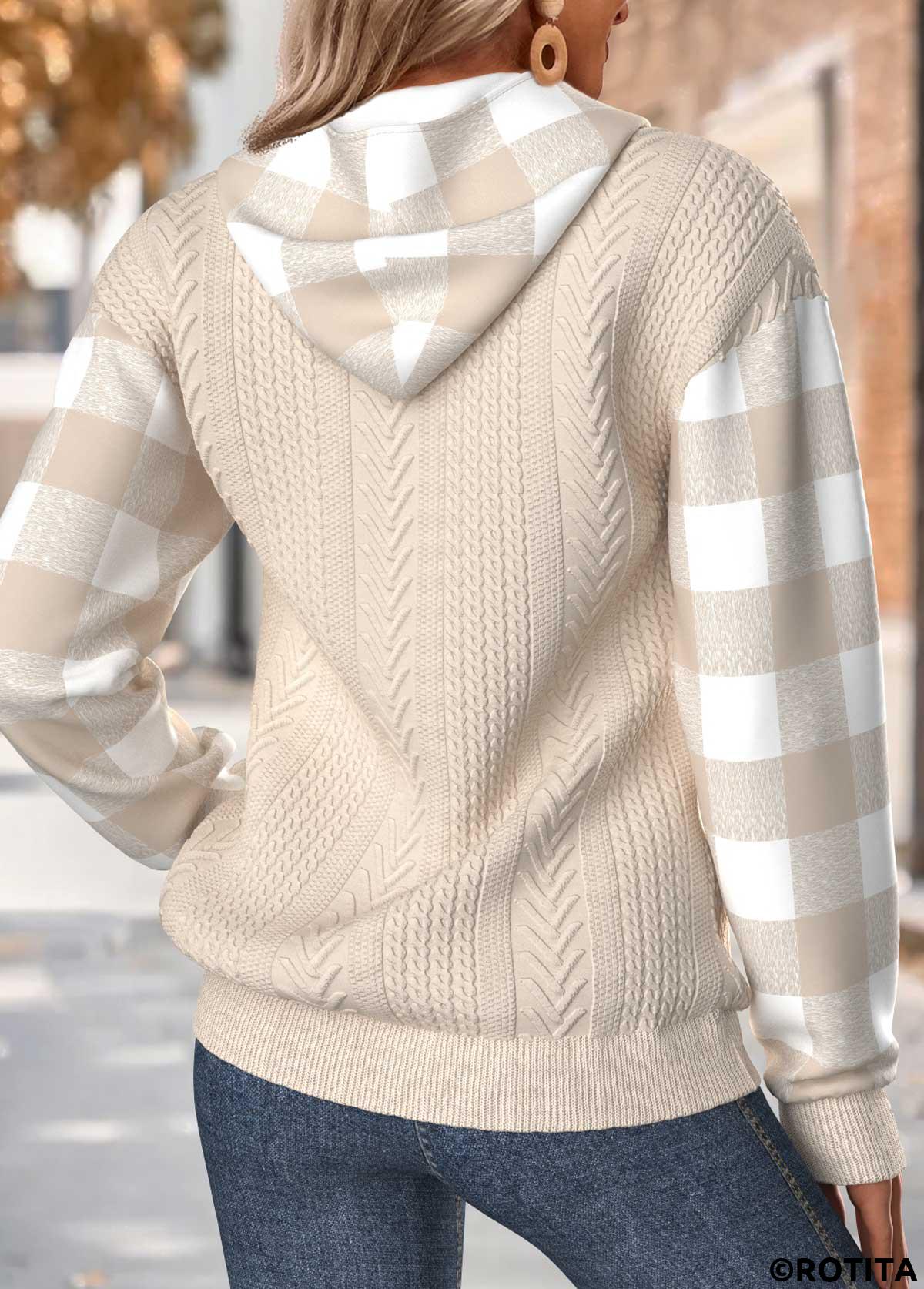 Light Camel tops,Plaid tops,Geometric tops,ROTITA Tummy Coverage Plaid Light Camel Long Sleeve Hoodie