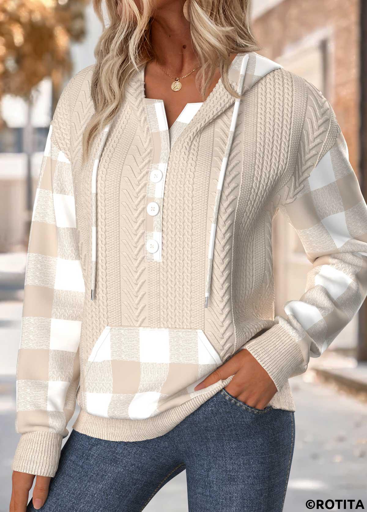 Light Camel tops,Plaid tops,Geometric tops,ROTITA Tummy Coverage Plaid Light Camel Long Sleeve Hoodie