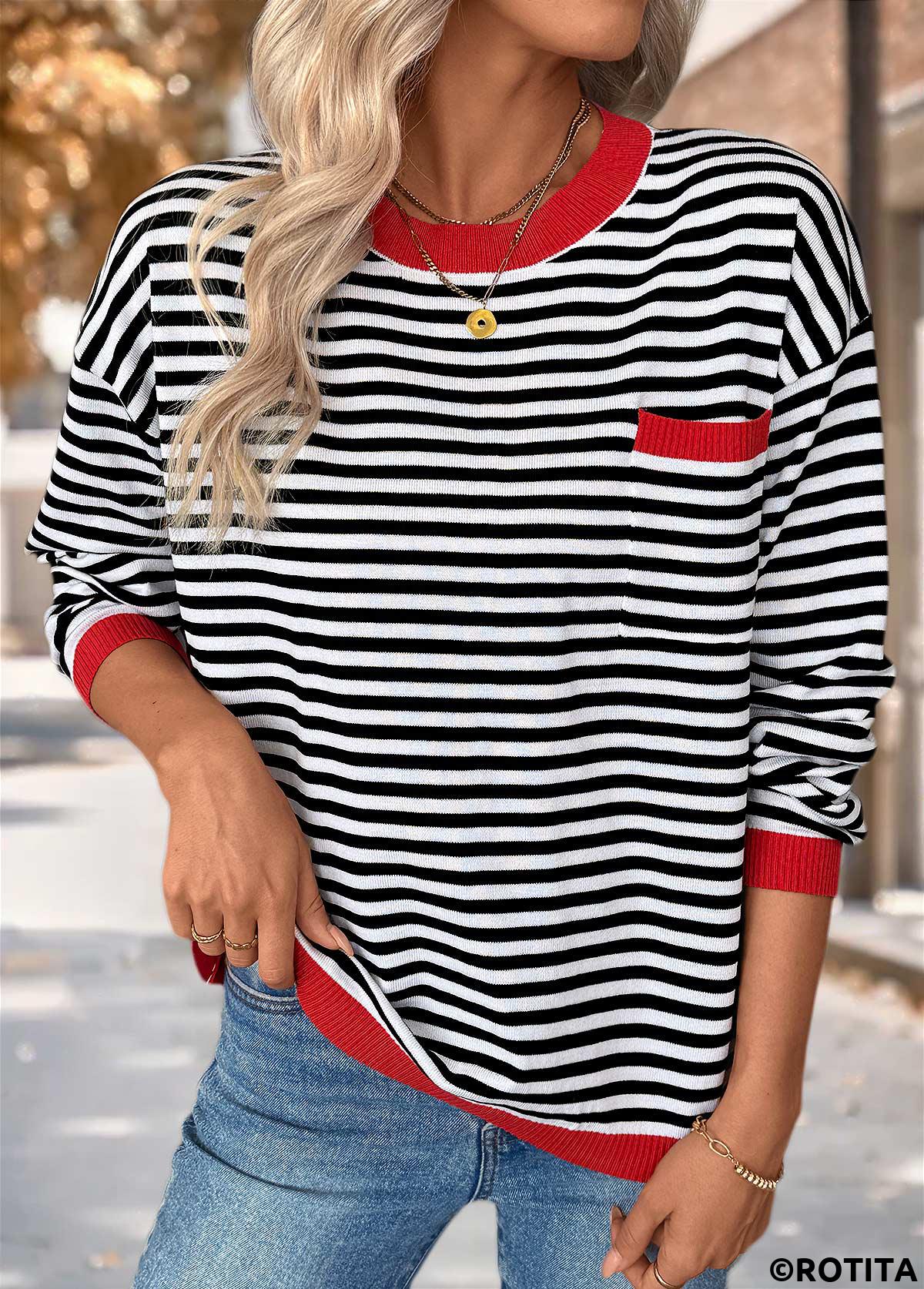 Black tops,Striped tops,Geometric tops,Patch Pocket Striped Black Round Neck Long Sleeve Sweater