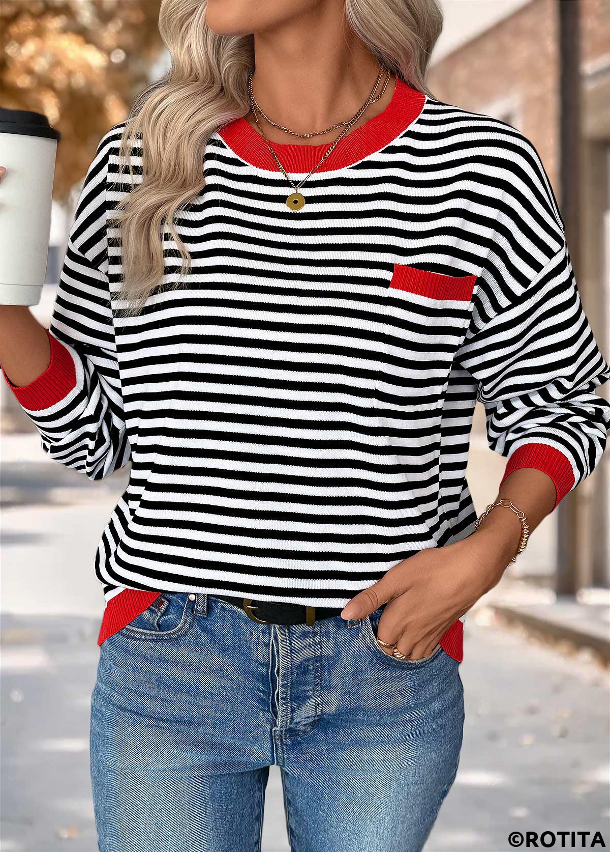 Black tops,Striped tops,Geometric tops,Patch Pocket Striped Black Round Neck Long Sleeve Sweater