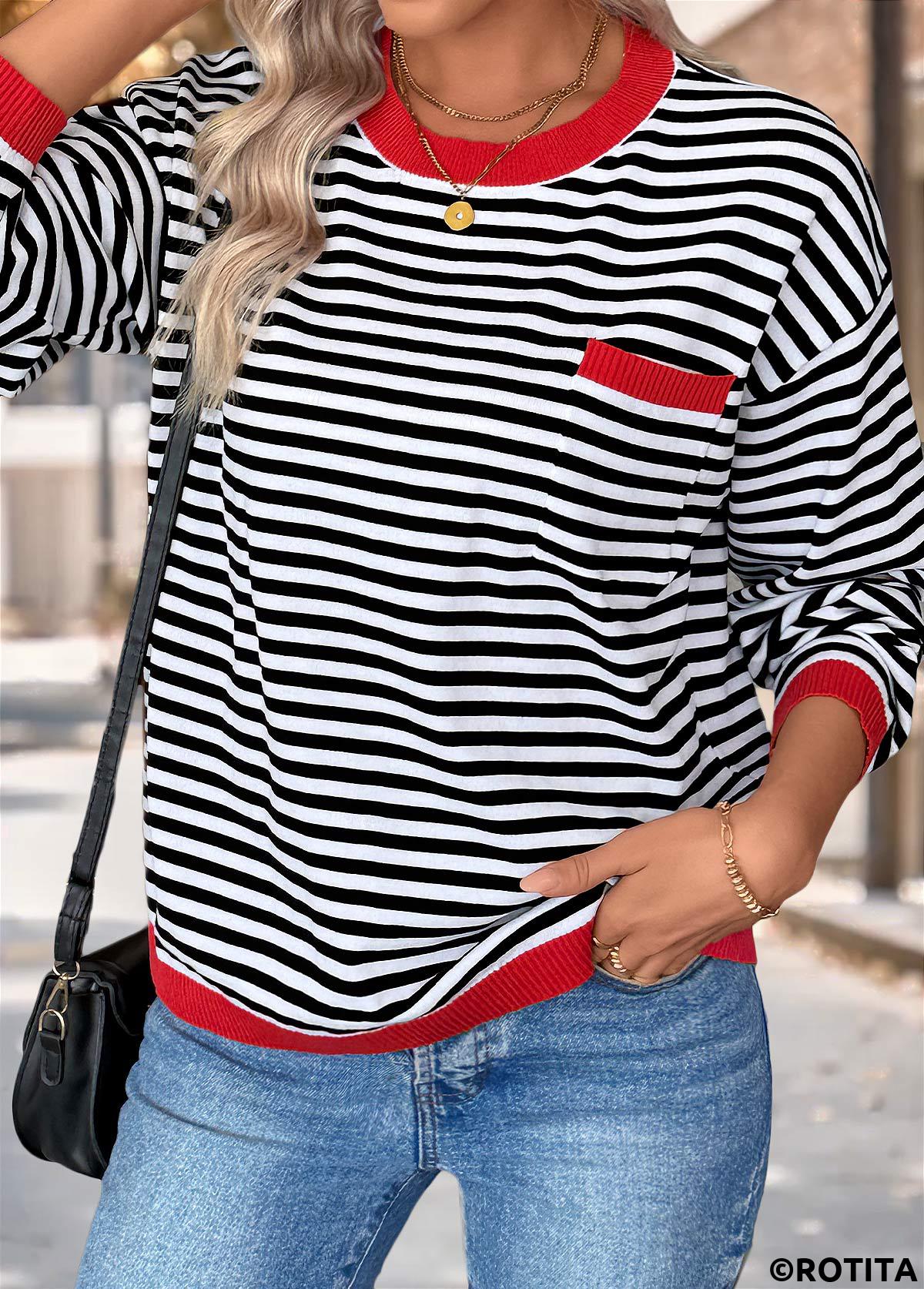 Black tops,Striped tops,Geometric tops,Patch Pocket Striped Black Round Neck Long Sleeve Sweater
