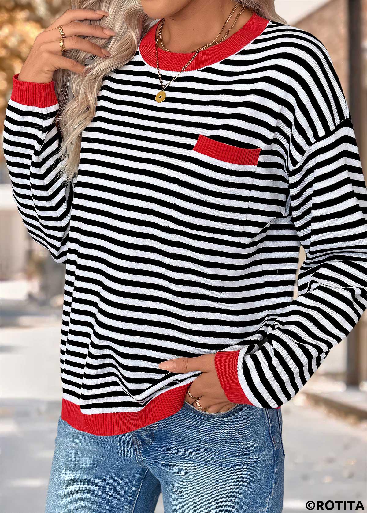 Black tops,Striped tops,Geometric tops,Patch Pocket Striped Black Round Neck Long Sleeve Sweater