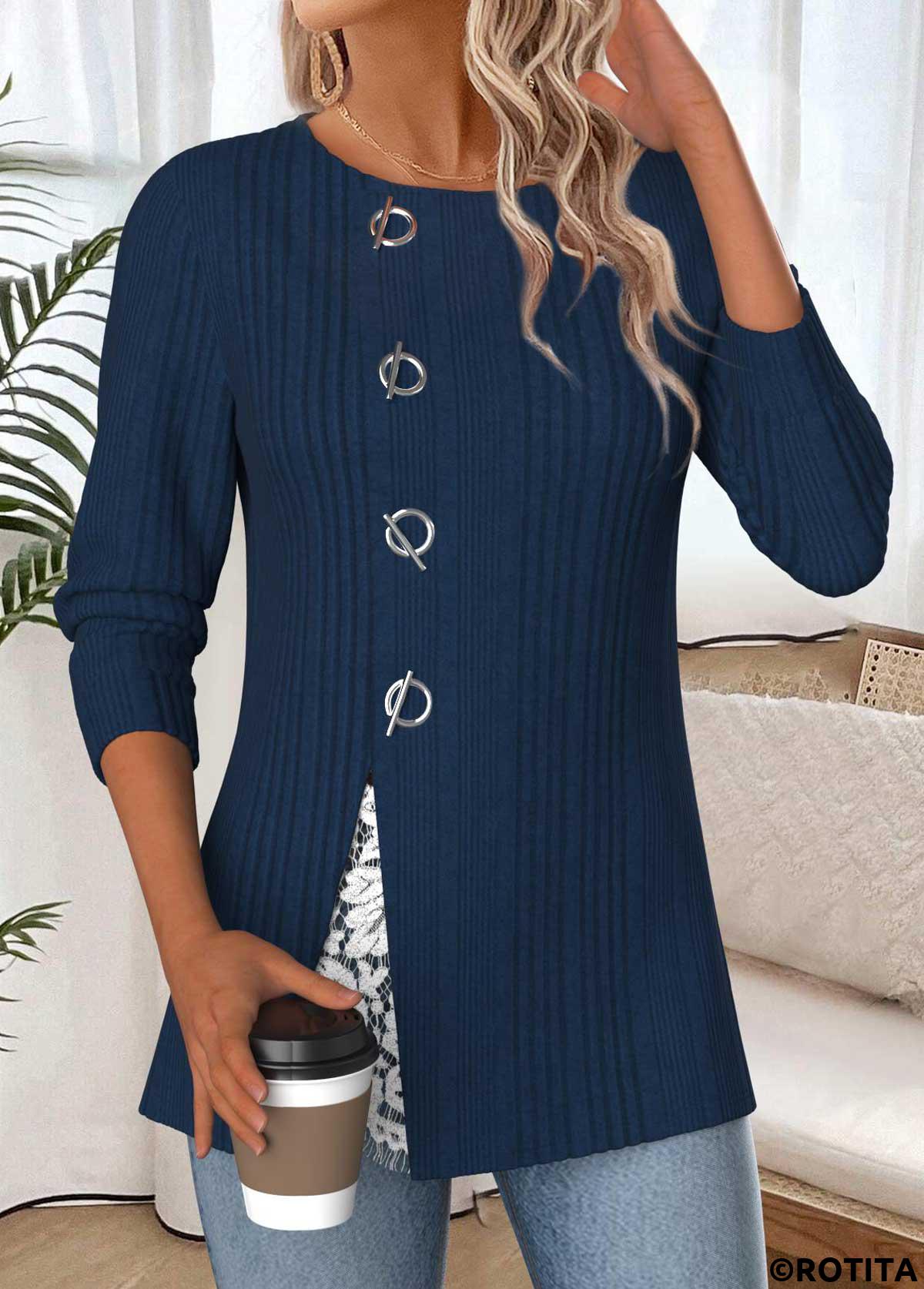 Navy tops,Contrast Color tops,ROTITA Tummy Coverage Navy Round Neck Long Sleeve Blouse