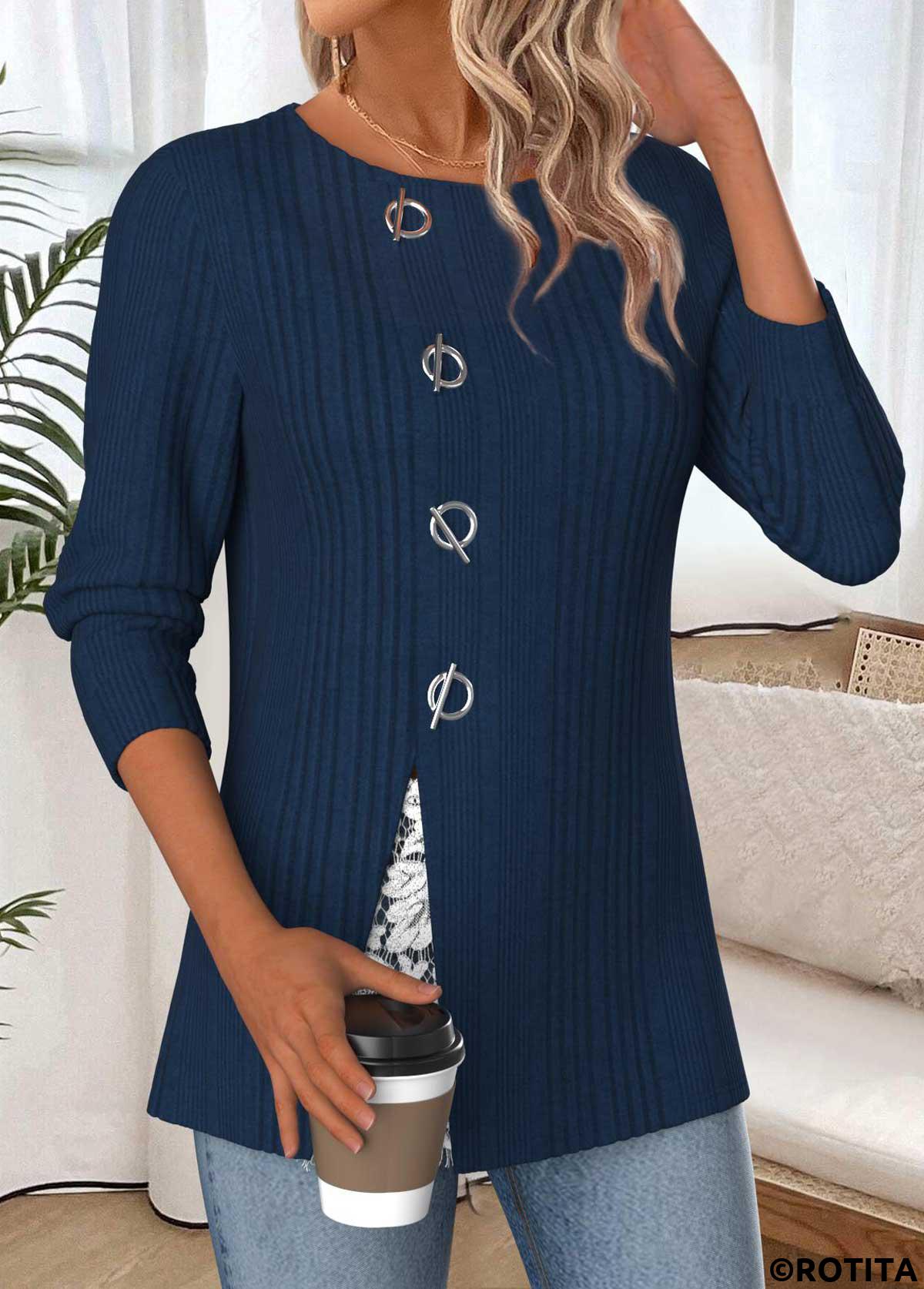 Navy tops,Contrast Color tops,ROTITA Tummy Coverage Navy Round Neck Long Sleeve Blouse
