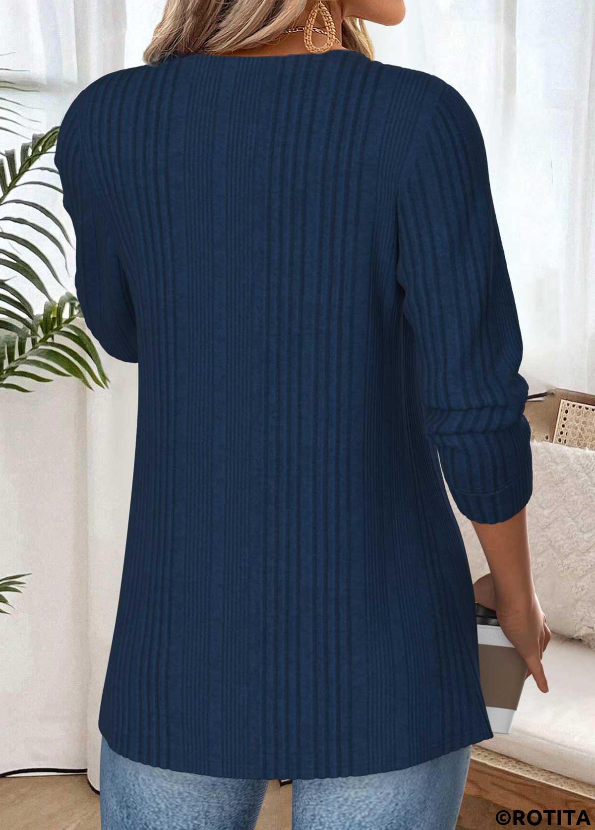 Navy tops,Contrast Color tops,ROTITA Tummy Coverage Navy Round Neck Long Sleeve Blouse