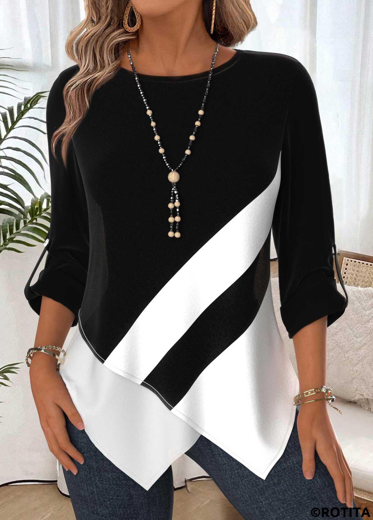 Black tops,Geometric tops,ROTITA Tummy Coverage Geometric Print Black Round Neck Blouse
