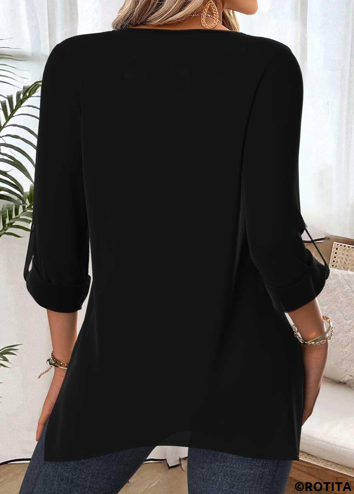 Black tops,Geometric tops,ROTITA Tummy Coverage Geometric Print Black Round Neck Blouse
