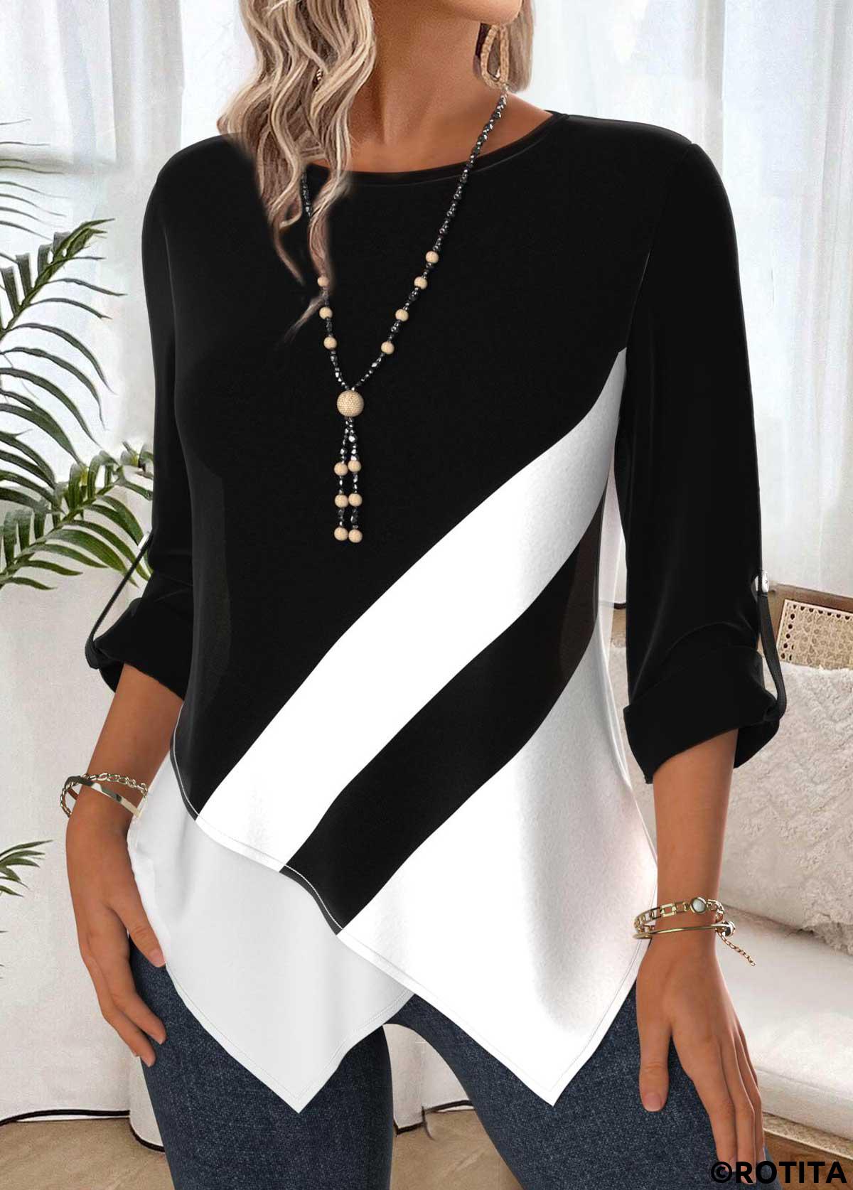 Black tops,Geometric tops,ROTITA Tummy Coverage Geometric Print Black Round Neck Blouse
