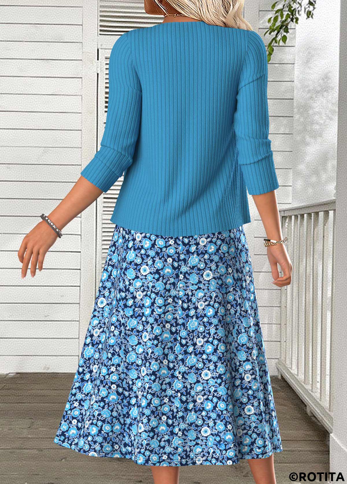 Sky Blue dresses,Ditsy Floral dresses,Everyday dresses,Casual dresses,ROTITA Tummy Coverage Ditsy Floral Print Dress and Cardigan