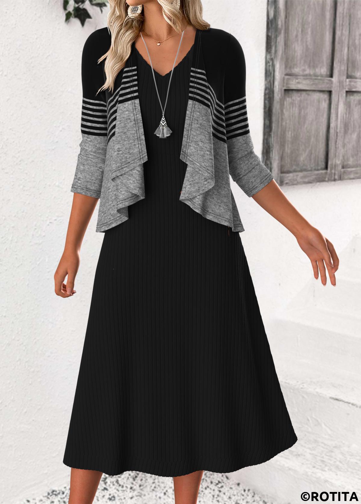 Black dresses,Striped dresses,Geometric dresses,Casual dresses,ROTITA Tummy Coverage Striped Black V Neck Dress and Cardigan