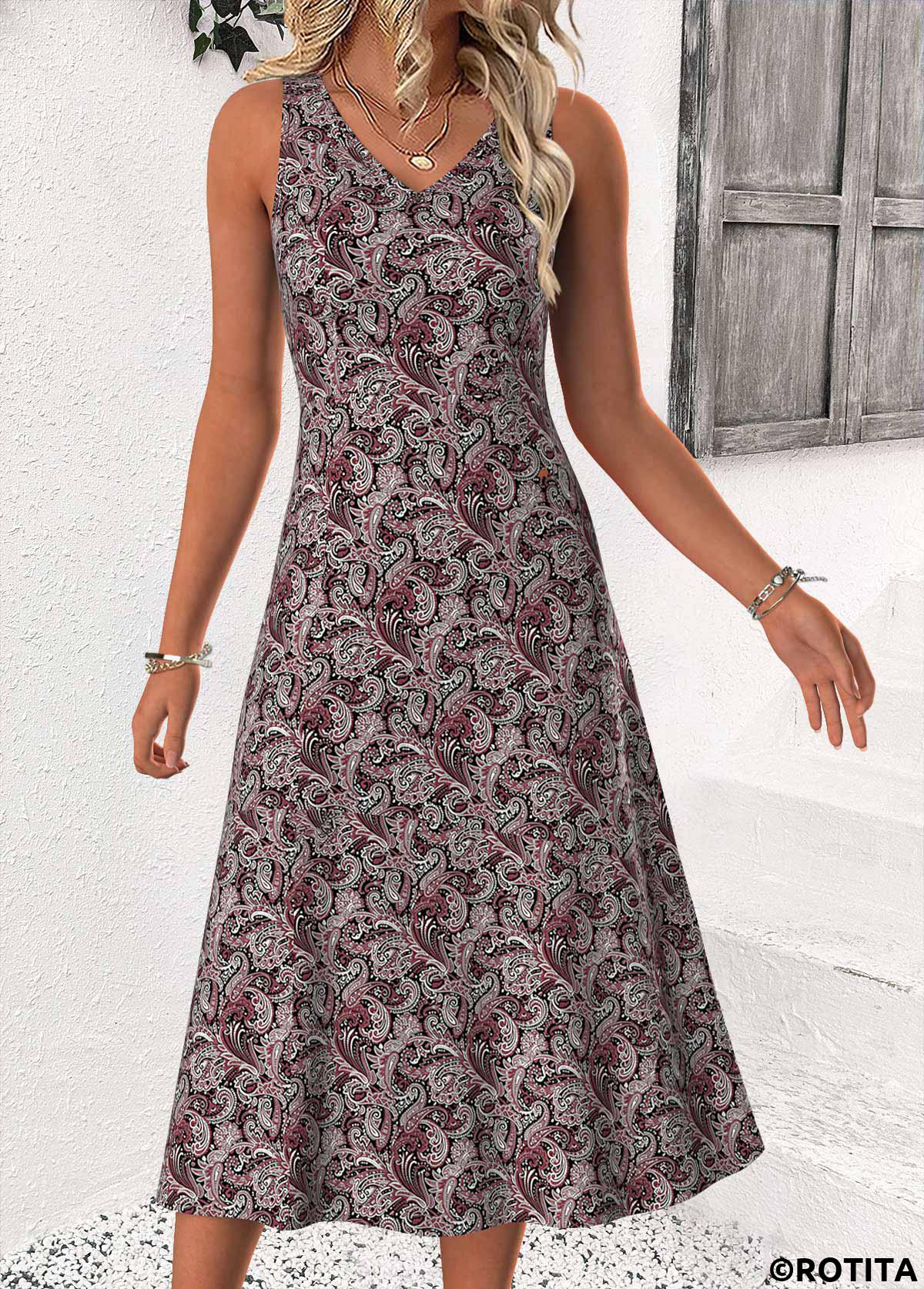 Dusty Purple dresses,Paisley dresses,Casual dresses,ROTITA Tummy Coverage Paisley Print Dusty Purple Dress and Cardigan