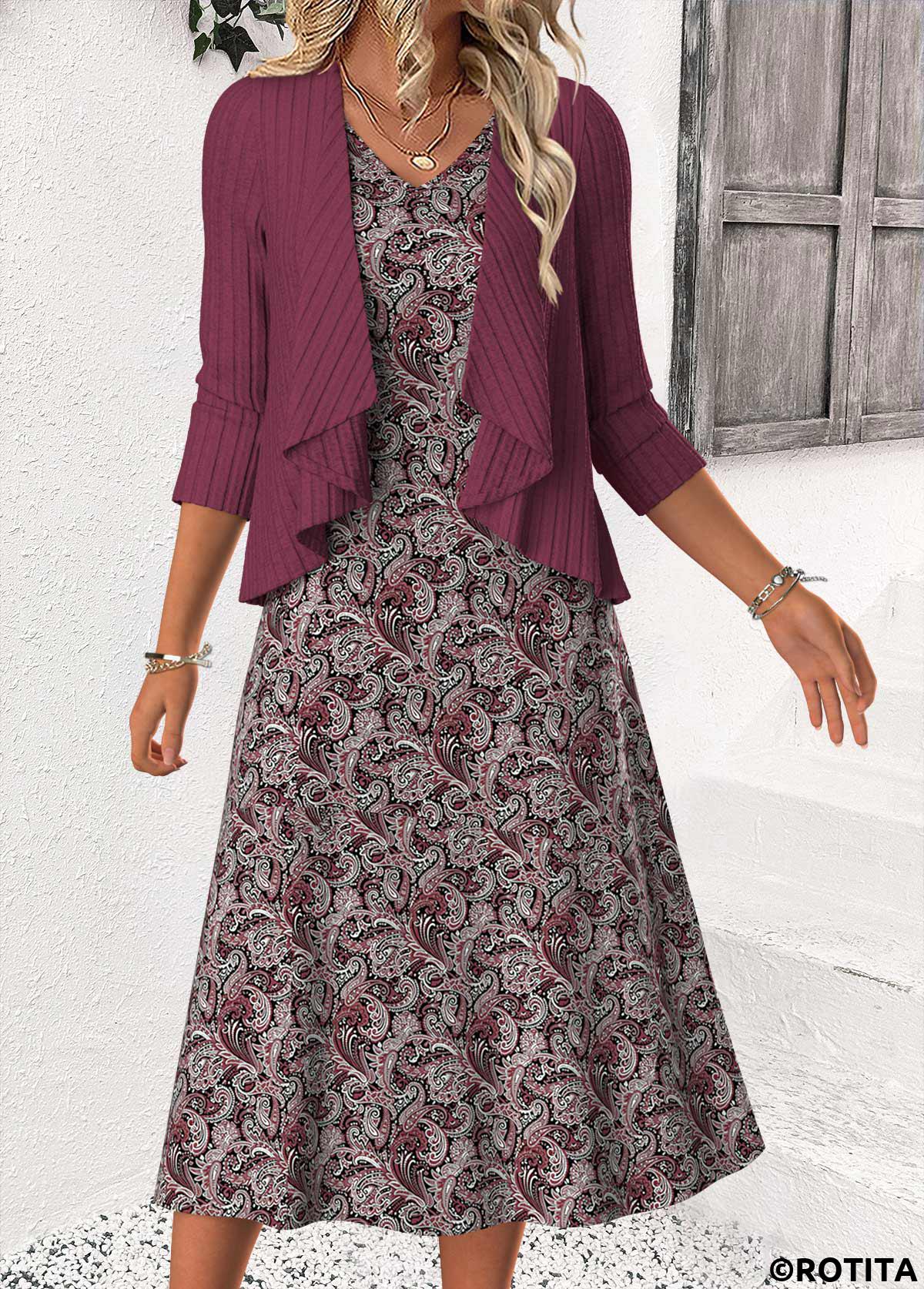 Dusty Purple dresses,Paisley dresses,Everyday dresses,Casual dresses,ROTITA Tummy Coverage Paisley Print Dusty Purple Dress and Cardigan