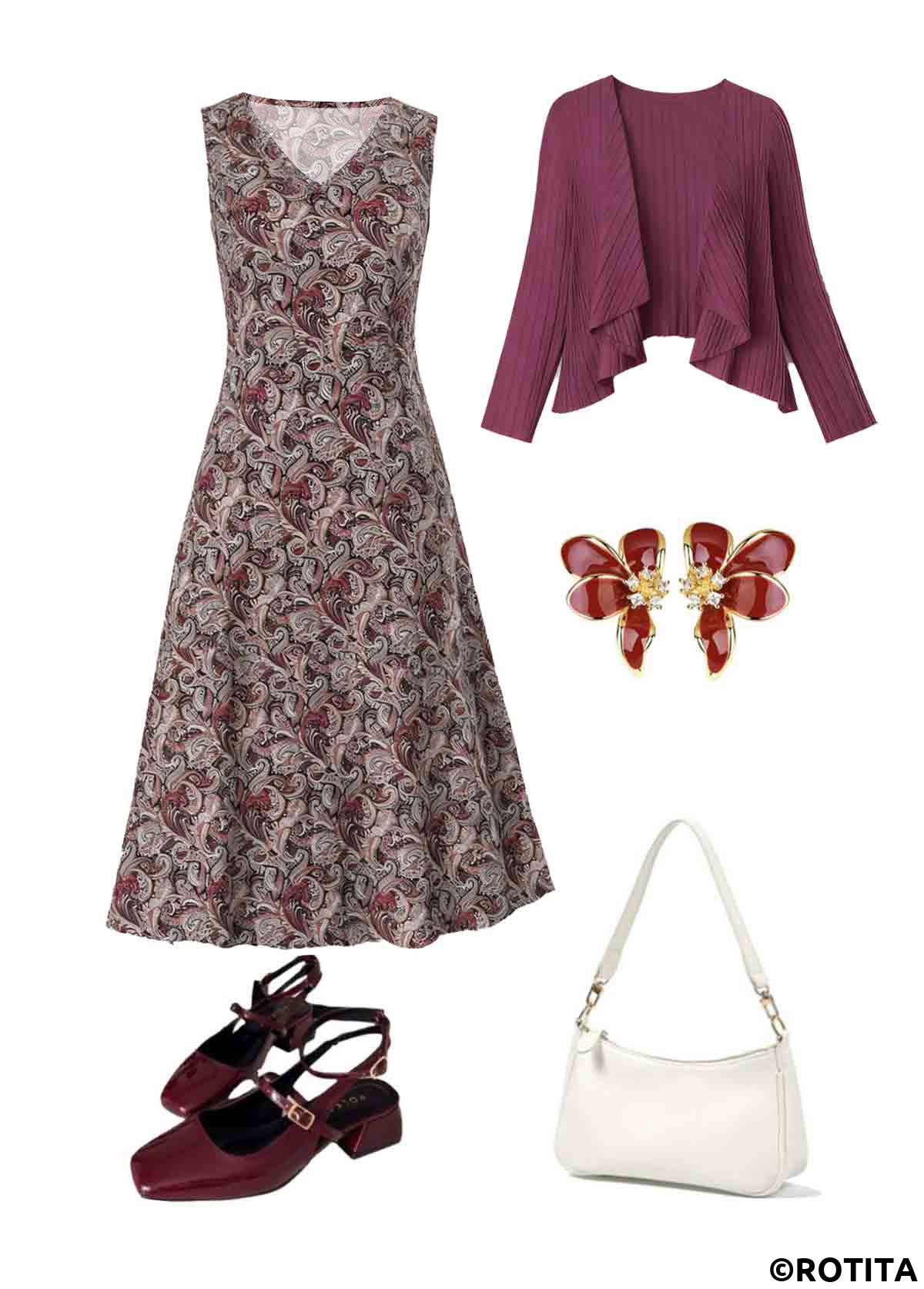 Dusty Purple dresses,Paisley dresses,Everyday dresses,Casual dresses,ROTITA Tummy Coverage Paisley Print Dusty Purple Dress and Cardigan