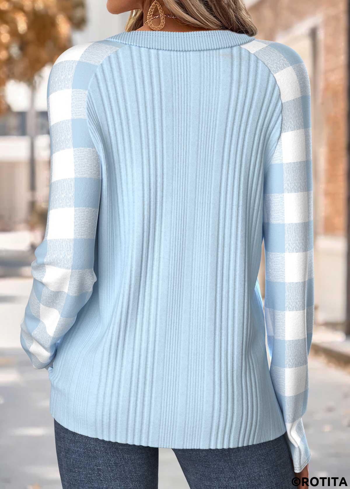 Light Blue tops,Plaid tops,Geometric tops,ROTITA Tummy Coverage Plaid Light Blue Round Neck T Shirt