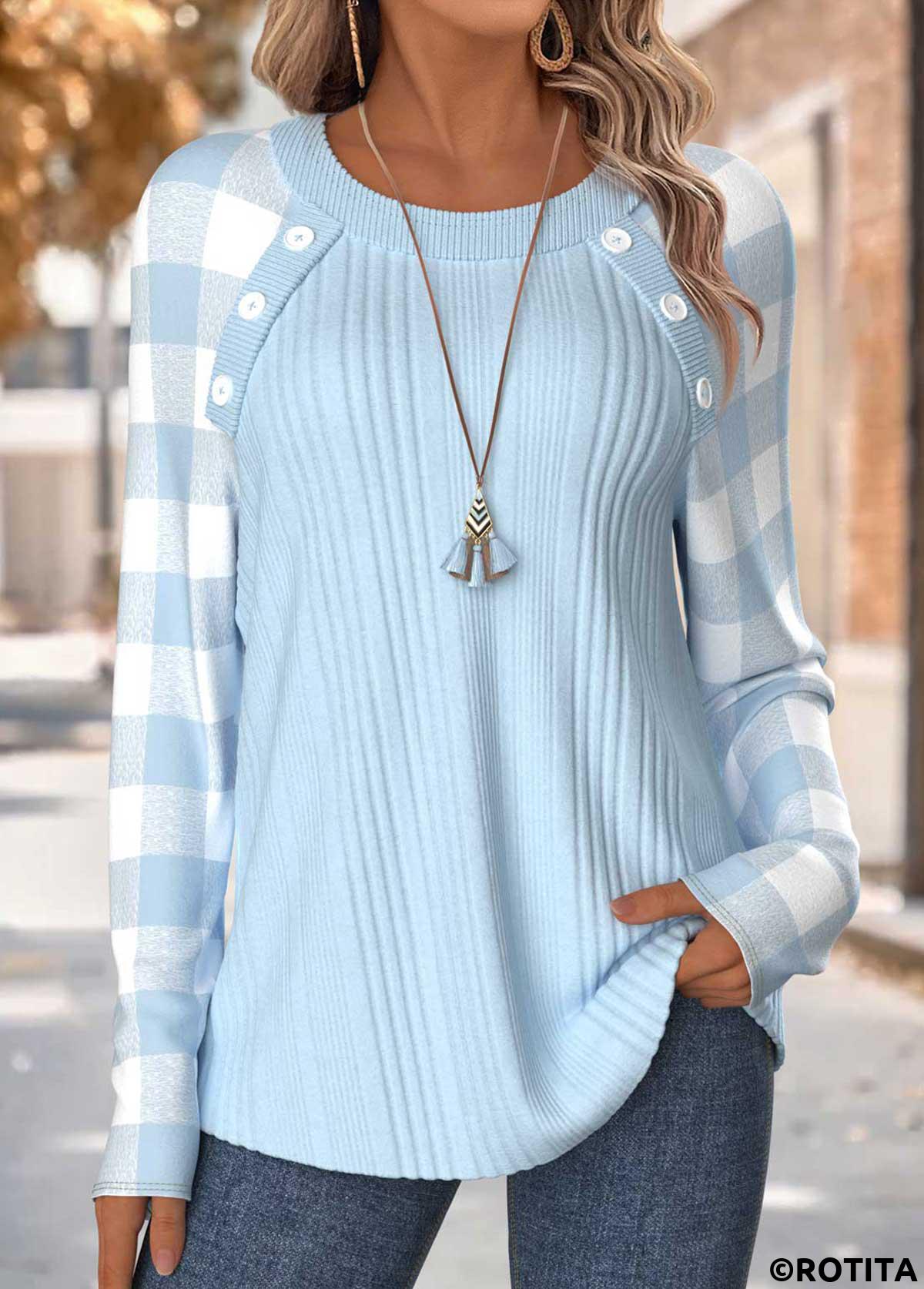 Light Blue tops,Plaid tops,Geometric tops,ROTITA Tummy Coverage Plaid Light Blue Round Neck T Shirt