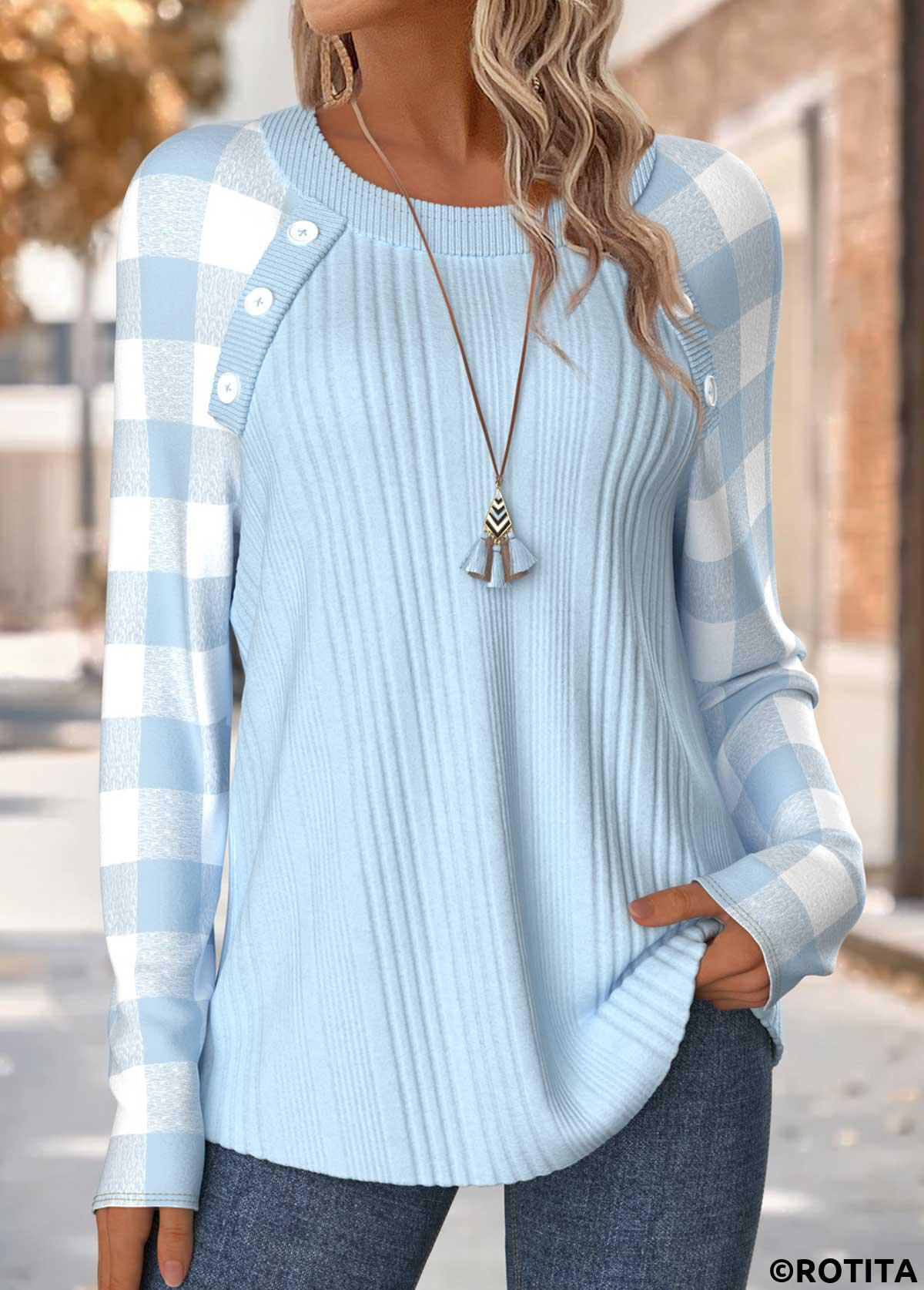 Light Blue tops,Plaid tops,Geometric tops,ROTITA Tummy Coverage Plaid Light Blue Round Neck T Shirt
