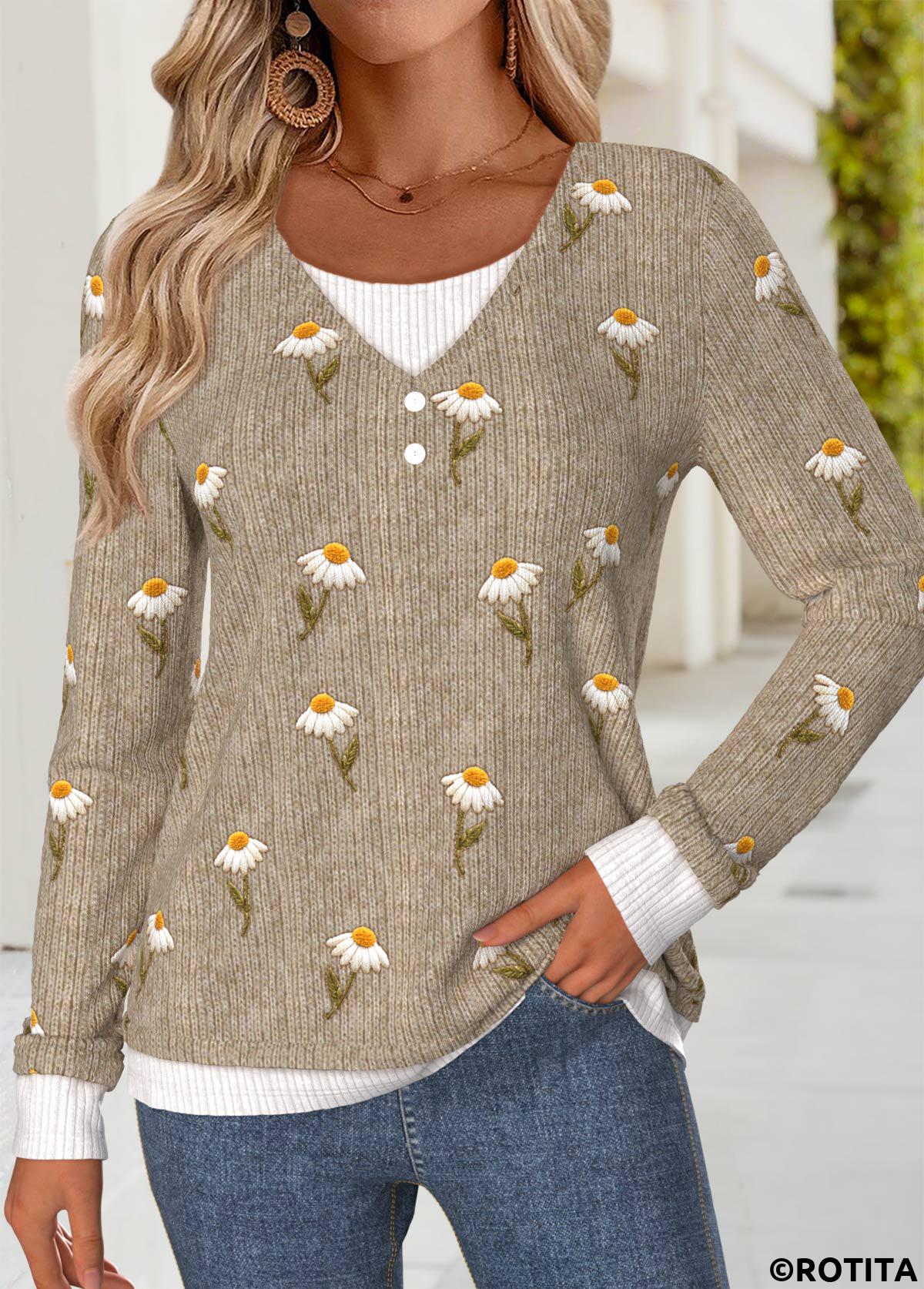 Dark Coffee tops,Floral tops,Plants tops,ROTITA Tummy Coverage Daisy Print Dark Coffee T Shirt