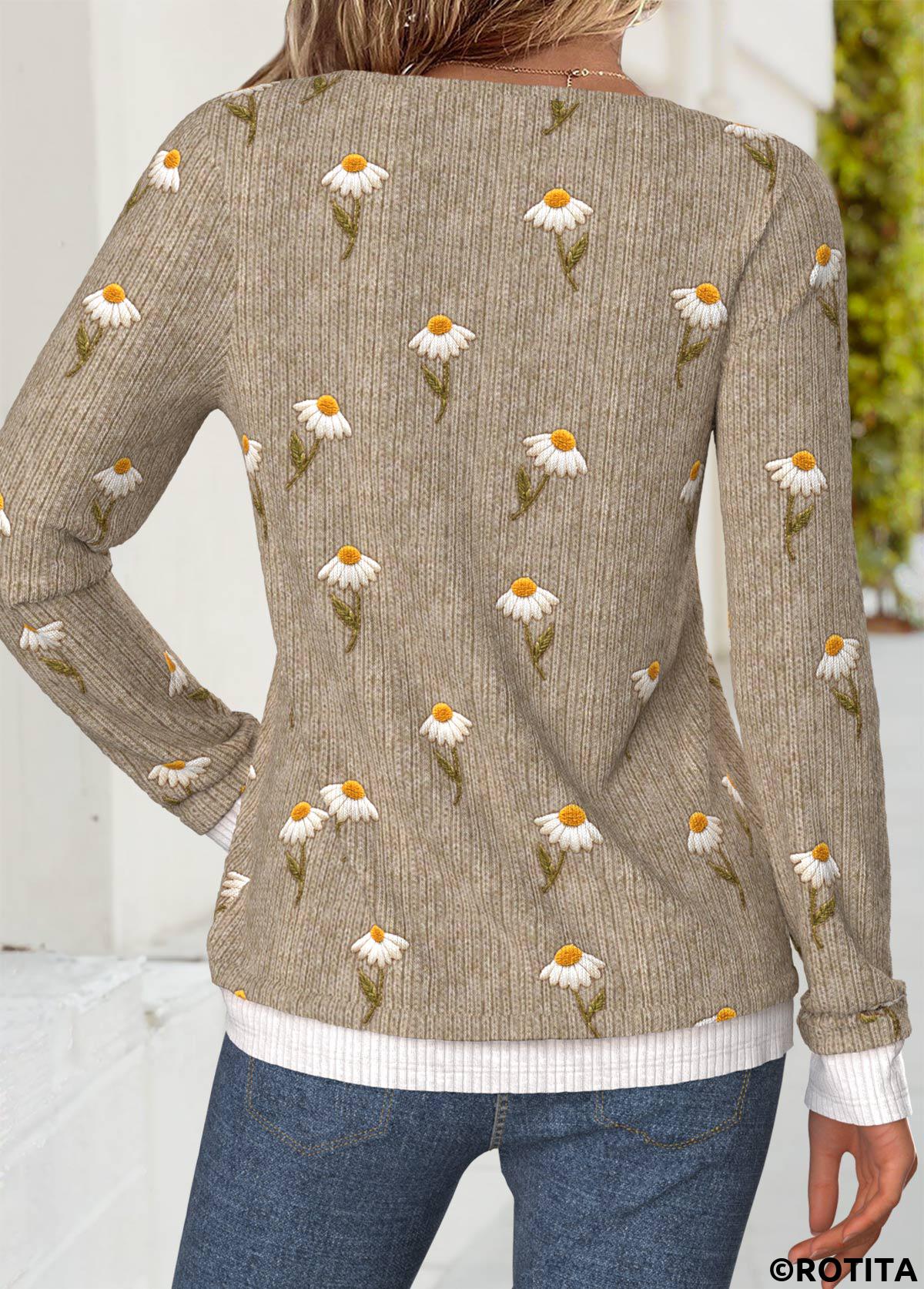 Dark Coffee tops,Floral tops,Plants tops,ROTITA Tummy Coverage Daisy Print Dark Coffee T Shirt