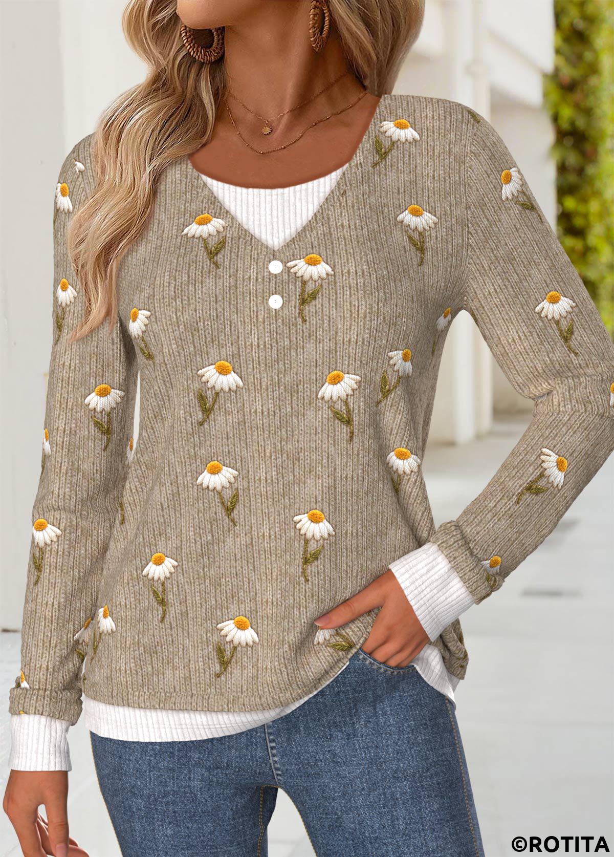 Dark Coffee tops,Floral tops,Plants tops,ROTITA Tummy Coverage Daisy Print Dark Coffee T Shirt