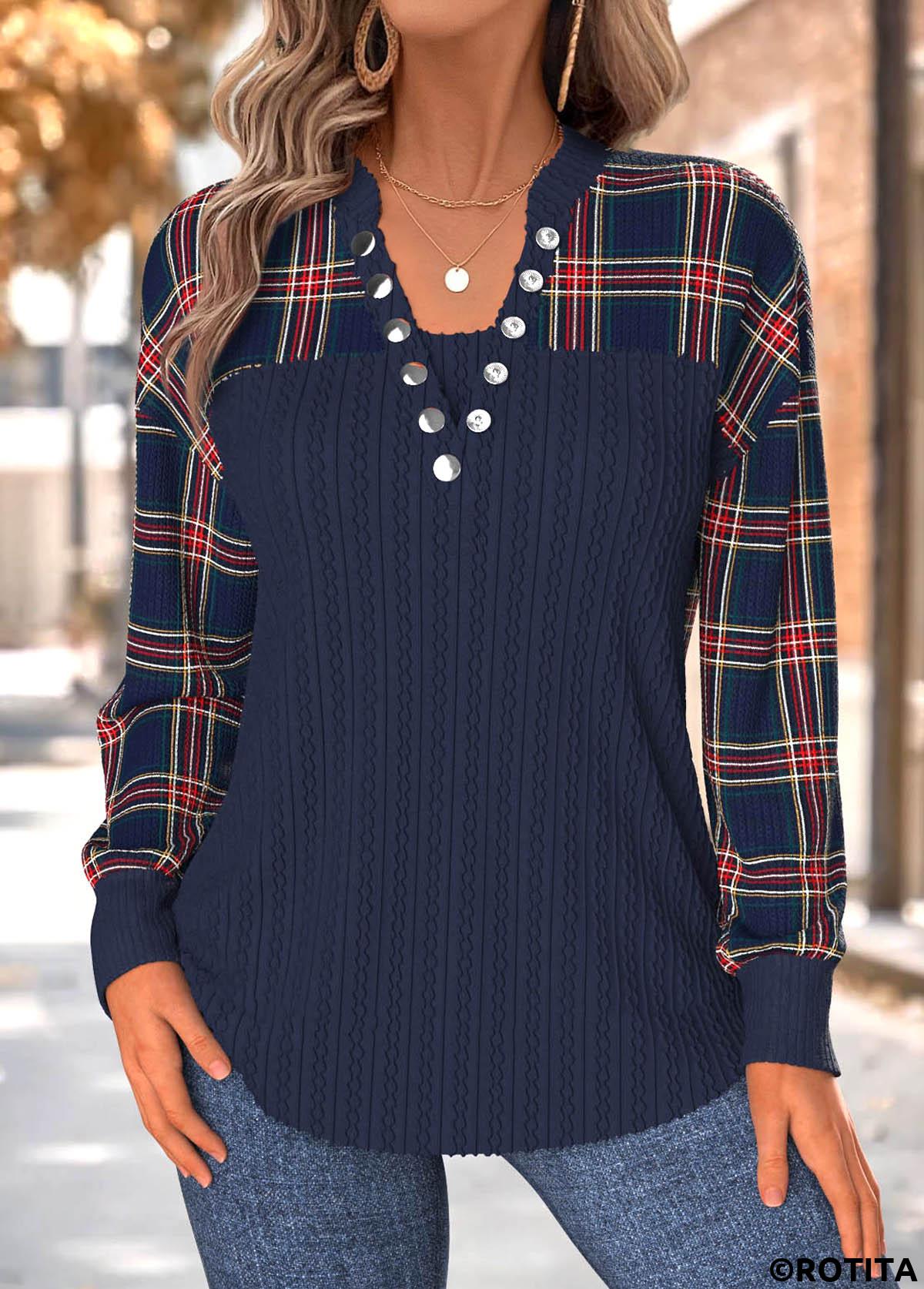 Navy tops,Plaid tops,Geometric tops,ROTITA Tummy Coverage Plaid Navy Split Neck Long Sleeve Sweatshirt