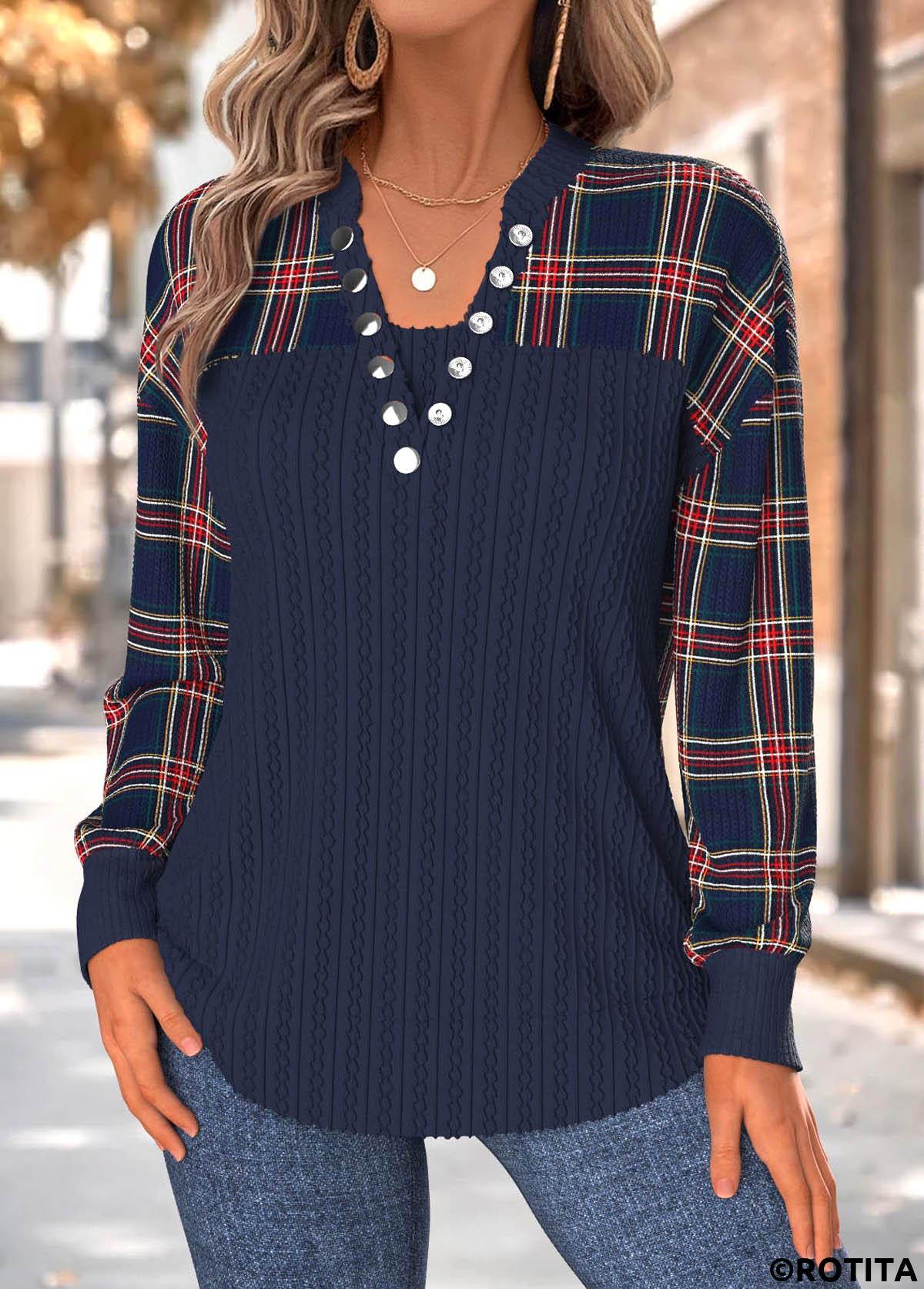 Navy tops,Plaid tops,Geometric tops,ROTITA Tummy Coverage Plaid Navy Split Neck Long Sleeve Sweatshirt