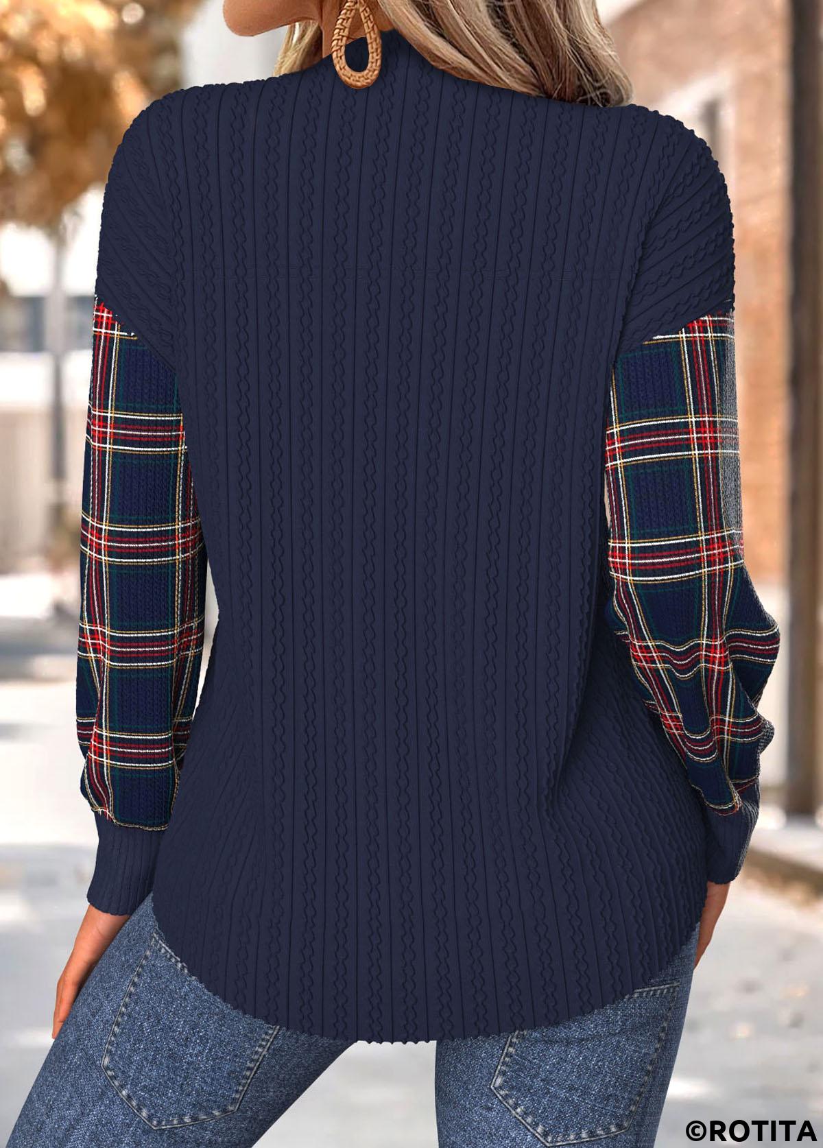 Navy tops,Plaid tops,Geometric tops,ROTITA Tummy Coverage Plaid Navy Split Neck Long Sleeve Sweatshirt