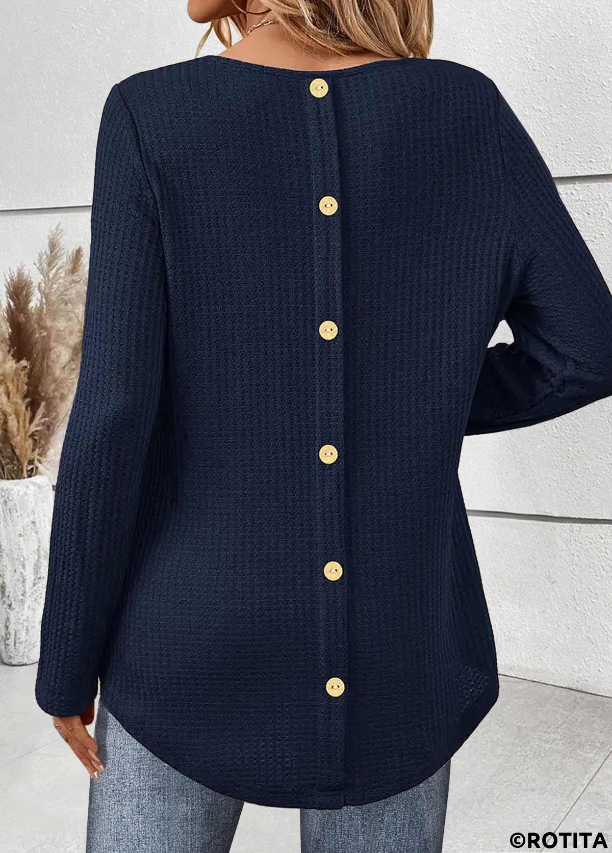 Navy tops,Plain Color tops,ROTITA Tummy Coverage Navy Round Neck Long Sleeve T Shirt