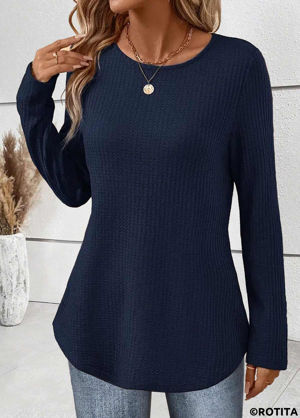 Navy tops,Plain Color tops,ROTITA Tummy Coverage Navy Round Neck Long Sleeve T Shirt