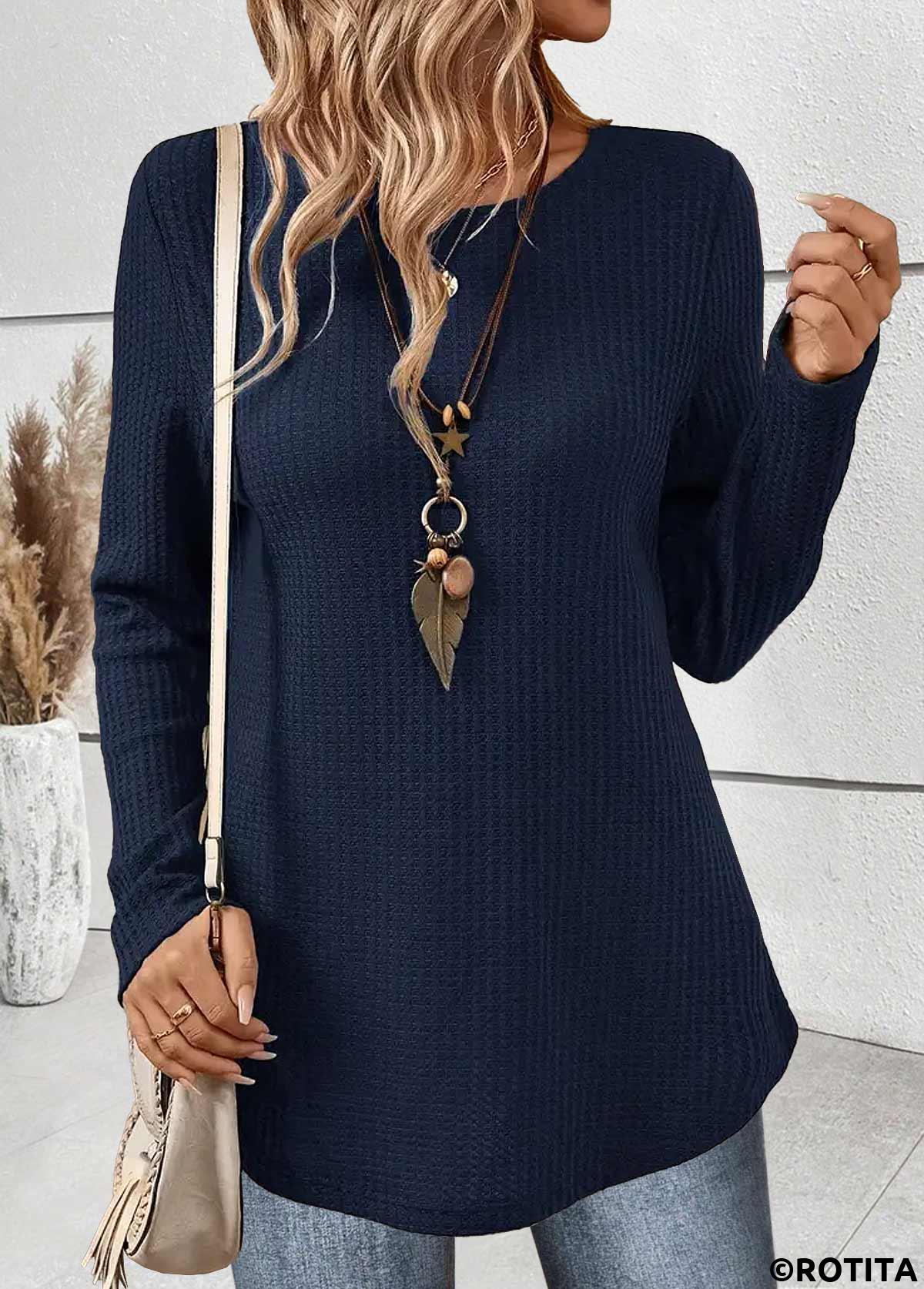 Navy tops,Plain Color tops,ROTITA Tummy Coverage Navy Round Neck Long Sleeve T Shirt