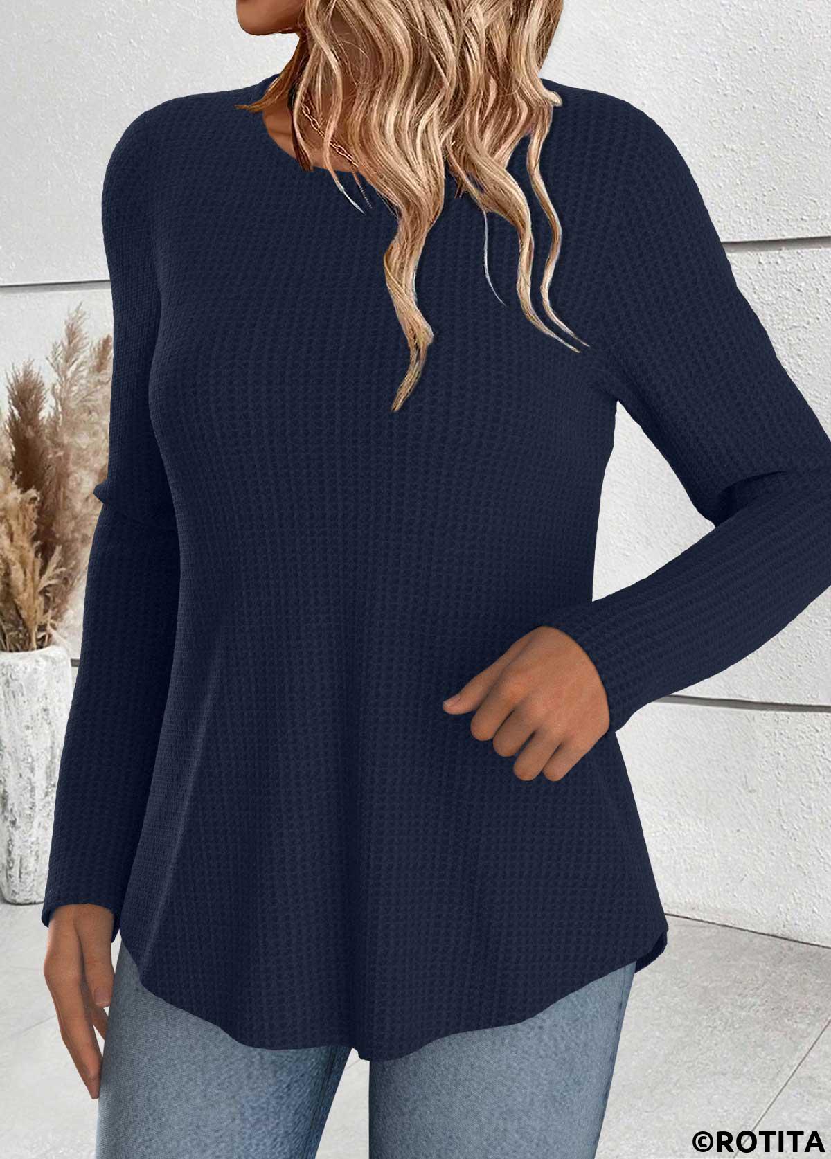 Navy tops,Plain Color tops,ROTITA Tummy Coverage Navy Round Neck Long Sleeve T Shirt