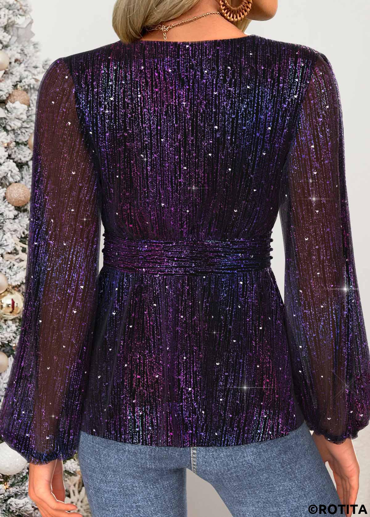 Multi Color tops,Plain Color tops,ROTITA Tummy Coverage Multi Color V Neck Long Sleeve Blouse