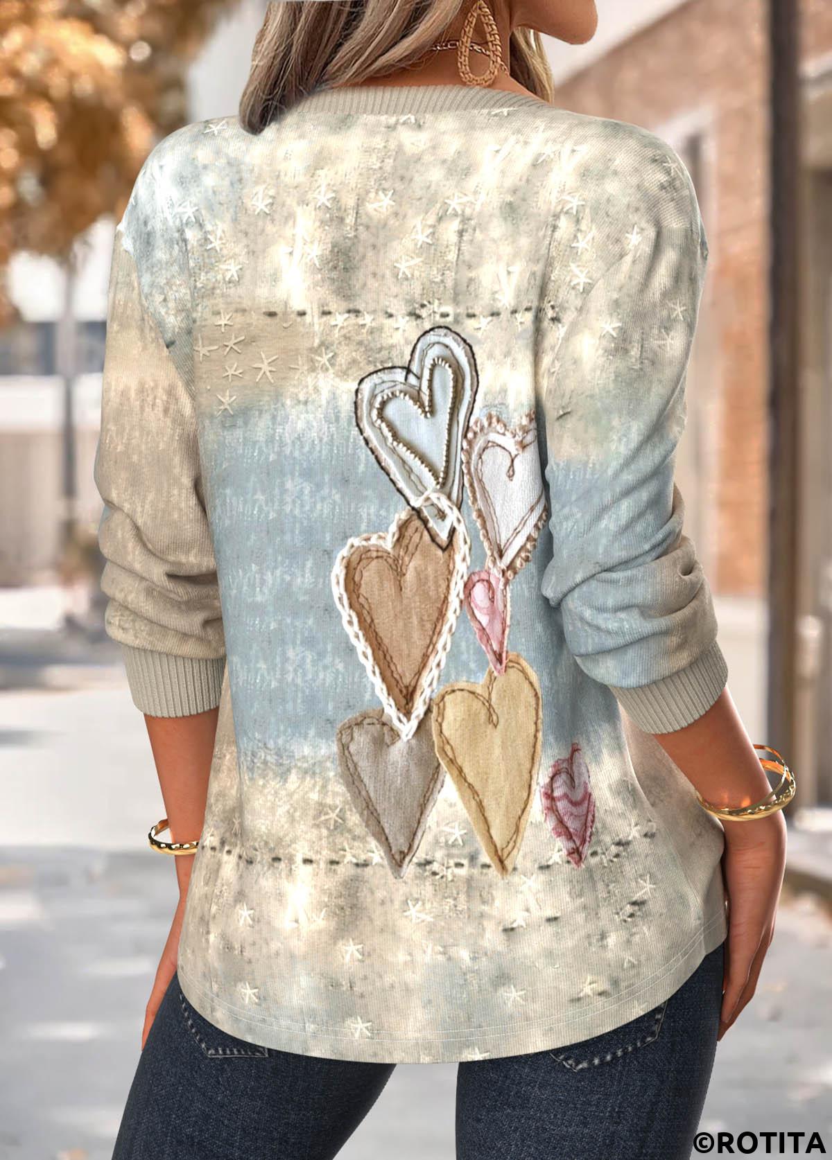 Multi Color tops,Heart tops,ROTITA Tummy Coverage Heart Print Multi Color Split Neck Sweatshirt