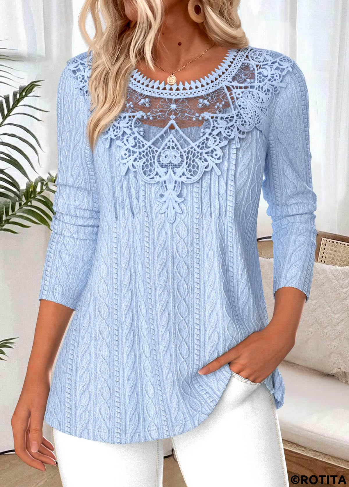 Light Blue tops,Plain Color tops,ROTITA Tummy Coverage Light Blue Round Neck T Shirt