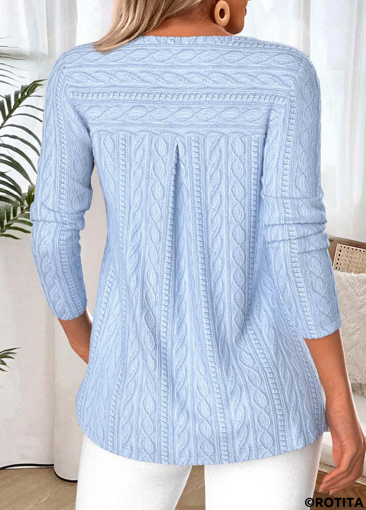 Light Blue tops,Plain Color tops,ROTITA Tummy Coverage Light Blue Round Neck T Shirt