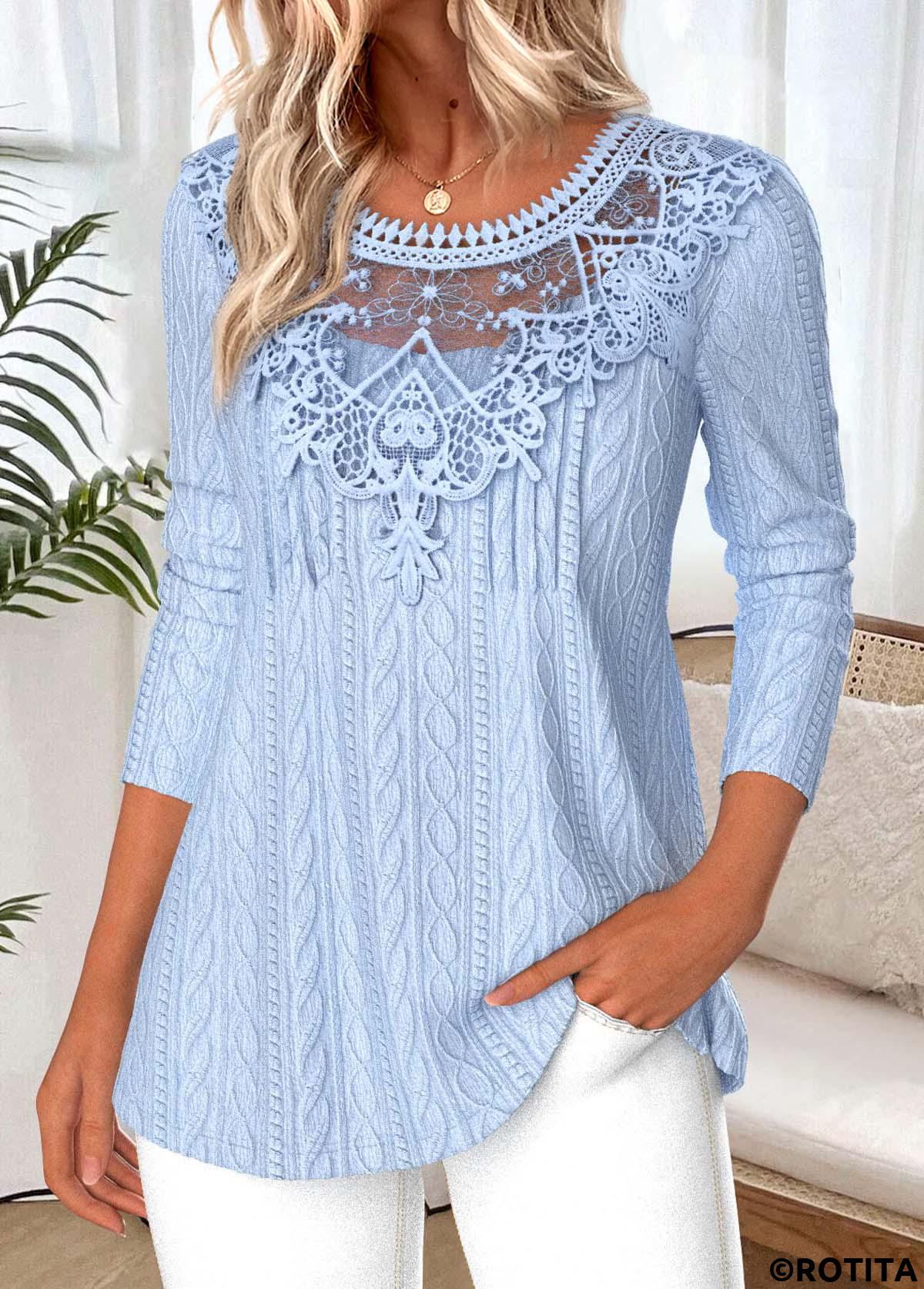 Light Blue tops,Plain Color tops,ROTITA Tummy Coverage Light Blue Round Neck T Shirt