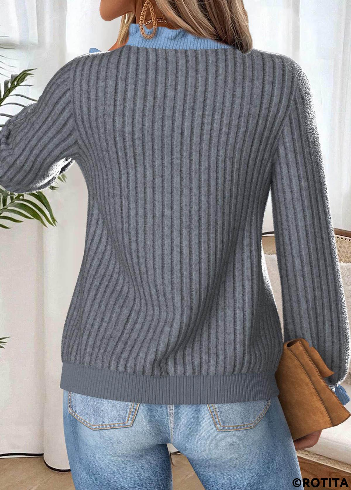 Dark Grey Marl tops,Contrast Color tops,ROTITA Frill Dark Grey Marl Long Sleeve T Shirt