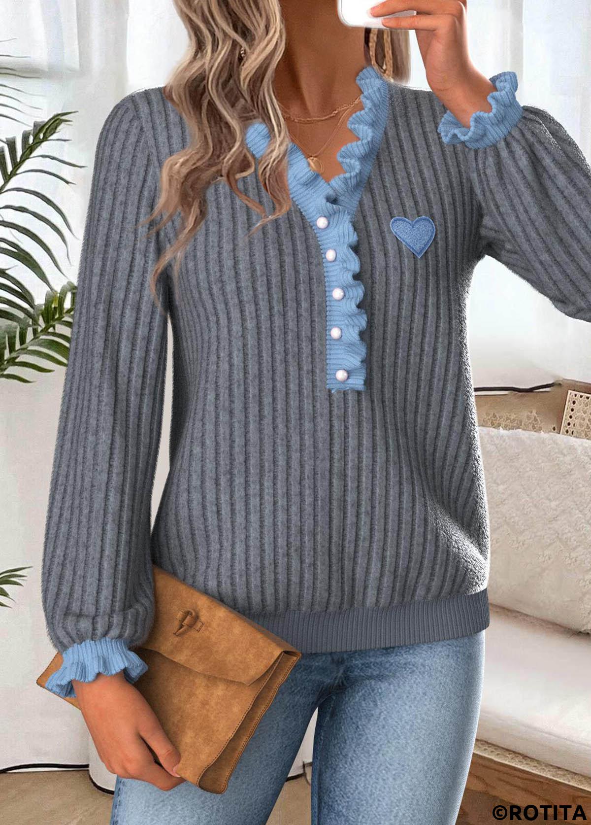 Dark Grey Marl tops,Contrast Color tops,ROTITA Frill Dark Grey Marl Long Sleeve T Shirt