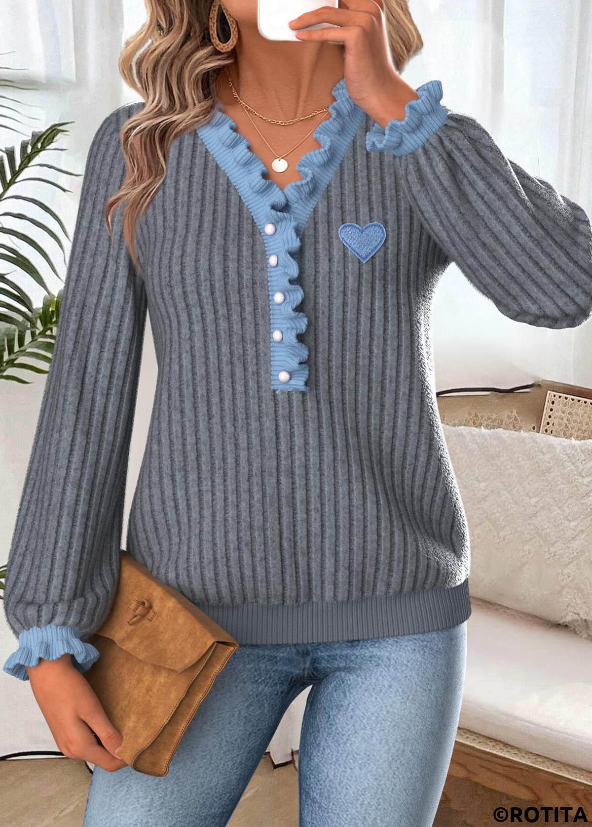 Dark Grey Marl tops,Contrast Color tops,ROTITA Frill Dark Grey Marl Long Sleeve T Shirt