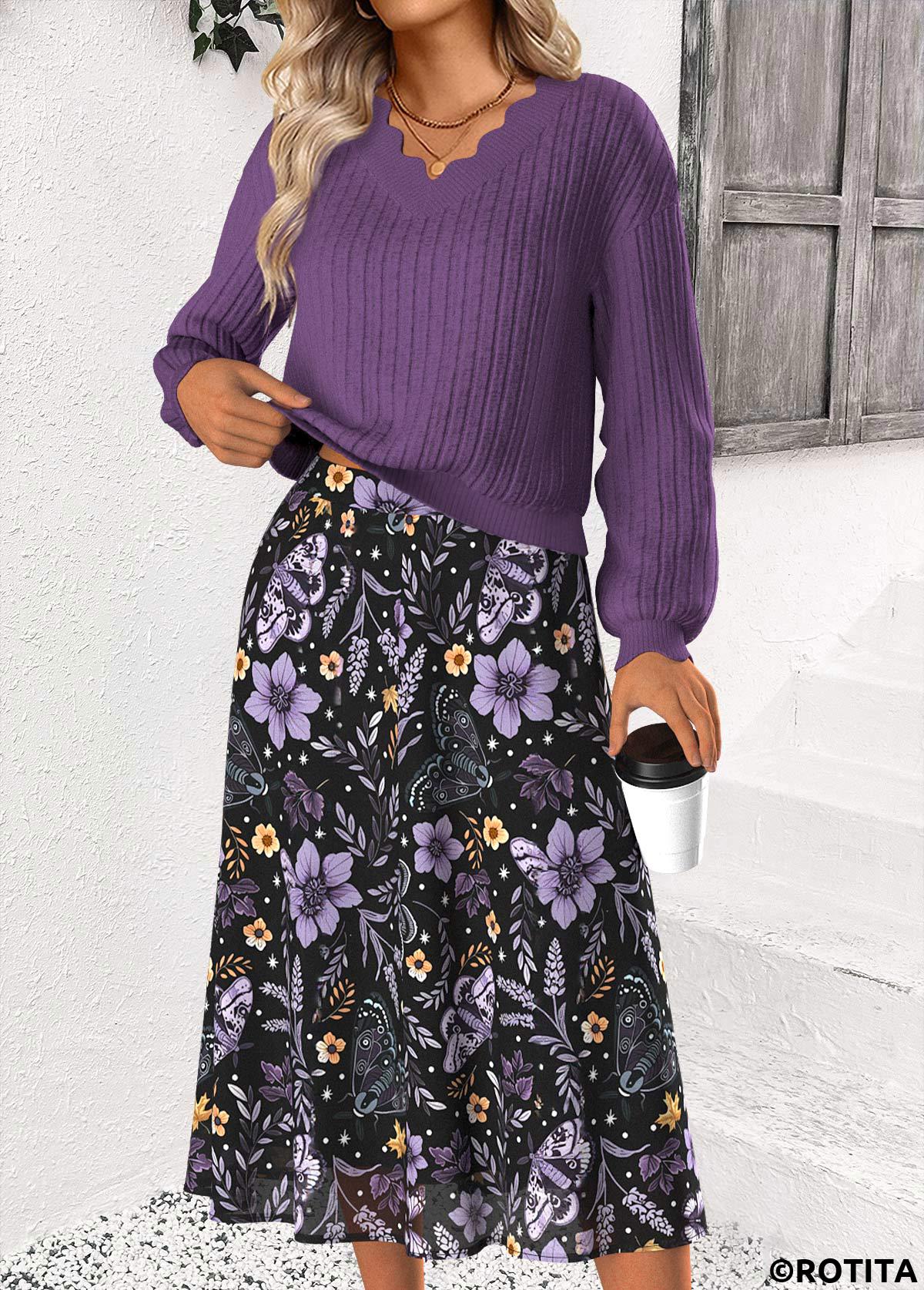 Dusty Purple dresses,Floral dresses,Plants dresses,Casual dresses,ROTITA Tummy Coverage Floral Print Dusty Purple Top and Skirt