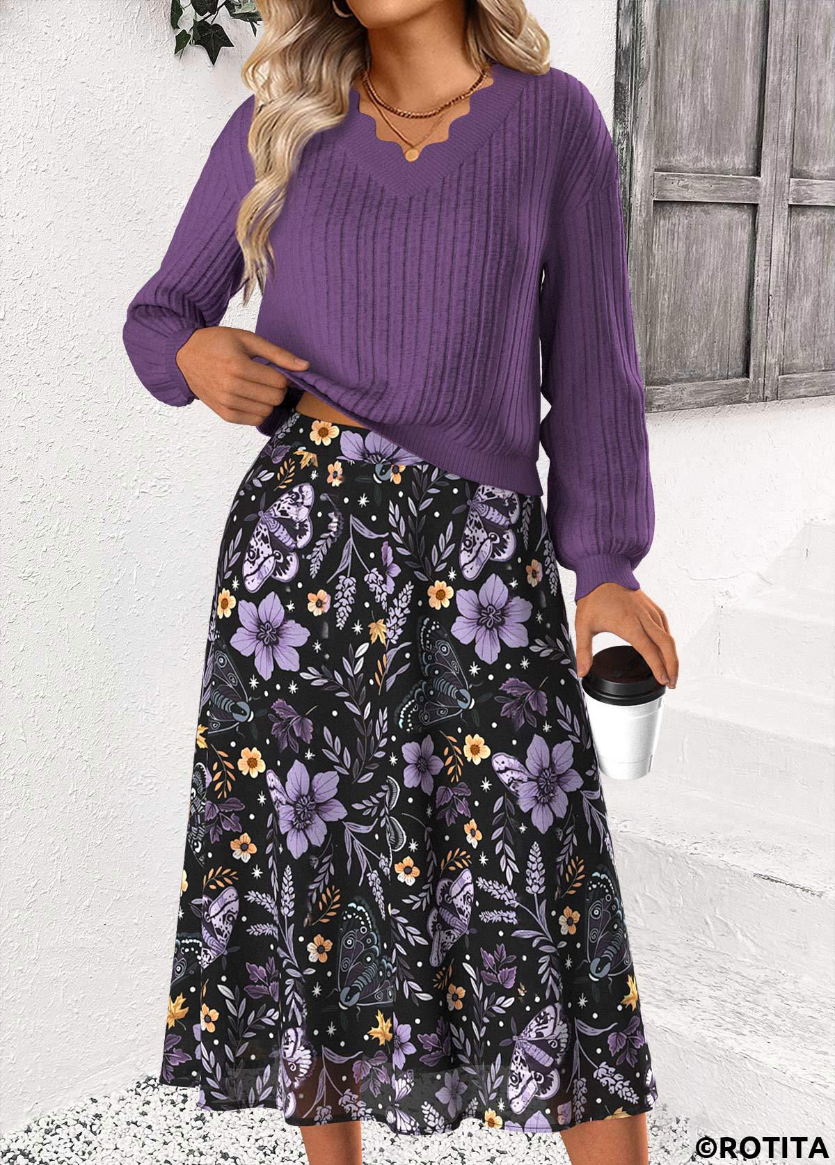 Dusty Purple dresses,Floral dresses,Plants dresses,Everyday dresses,Casual dresses,ROTITA Tummy Coverage Floral Print Dusty Purple Top and Skirt