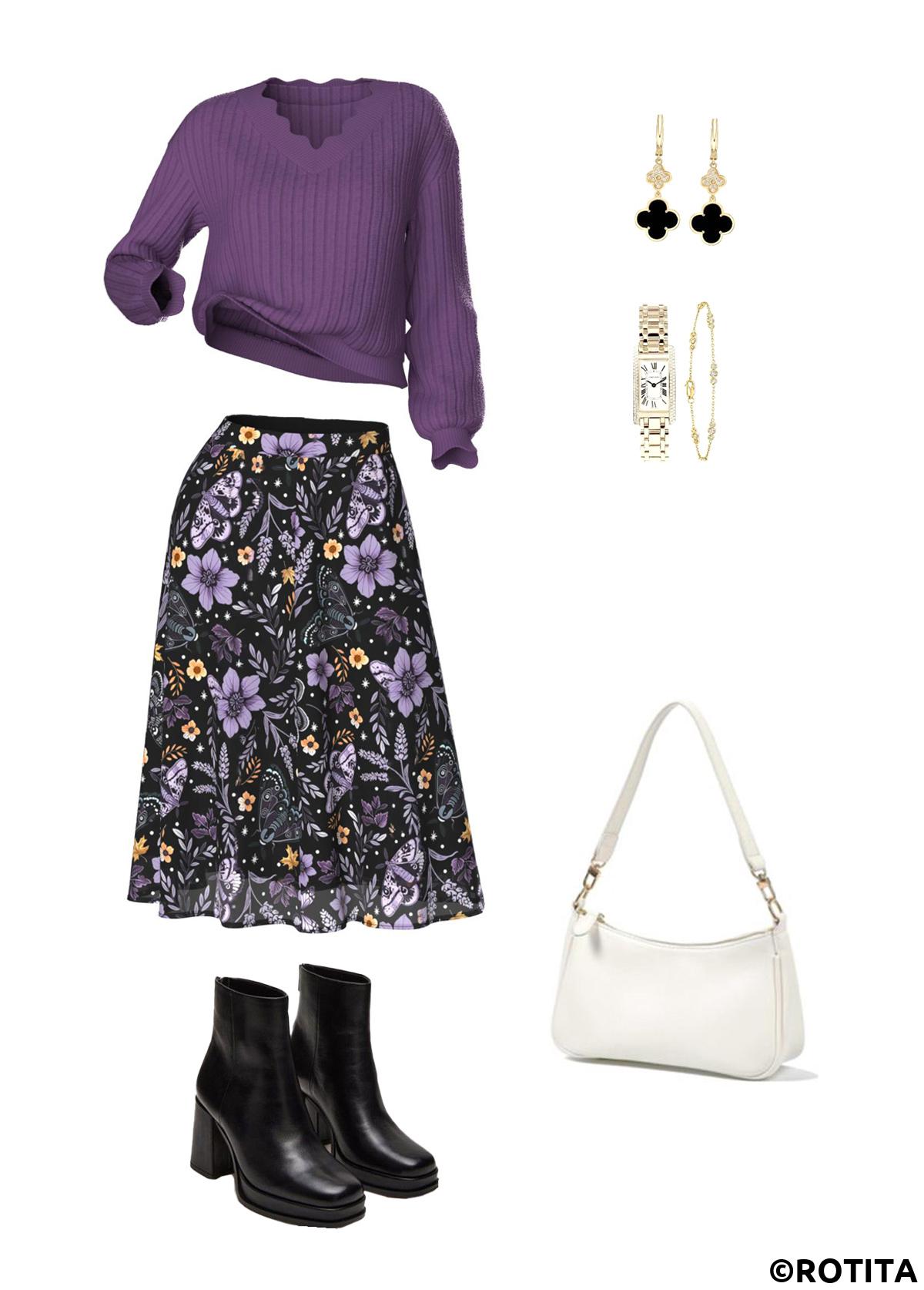 Dusty Purple dresses,Floral dresses,Plants dresses,Everyday dresses,Casual dresses,ROTITA Tummy Coverage Floral Print Dusty Purple Top and Skirt